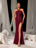 Elegant Sequined Evening Gown with Halter Neckline & Side High Slit – Luxurious Red Carpet Wear for Galas, Parties & Formal Events