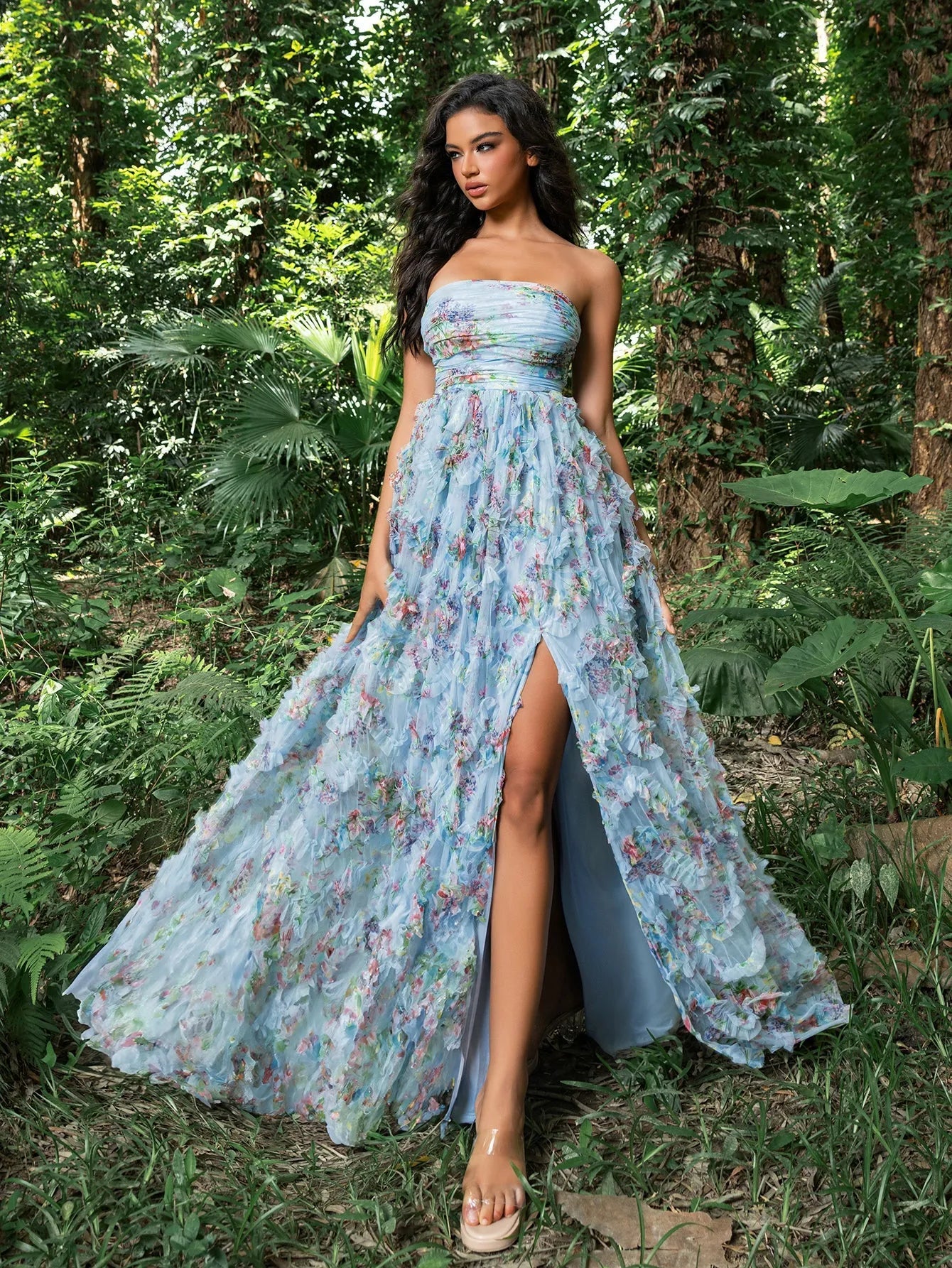 Floral Printed Mesh Overlay Tube Party Dress