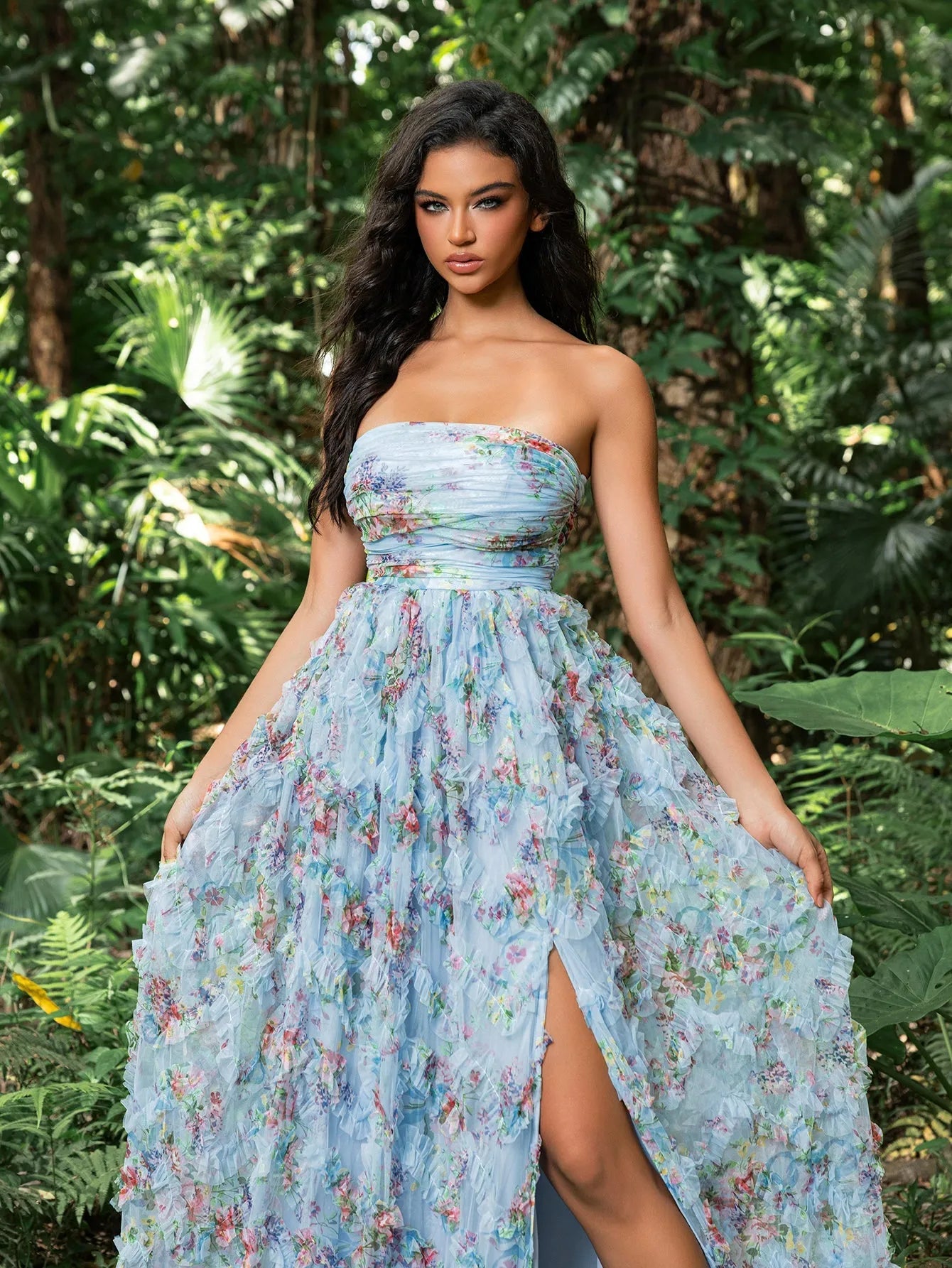 Floral Printed Mesh Overlay Tube Party Dress