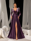 Elegant Evening Gown with Deep V-Neck & Side Slit – Luxurious Satin Gown for Red Carpet, Gala Dinners & High-End Events