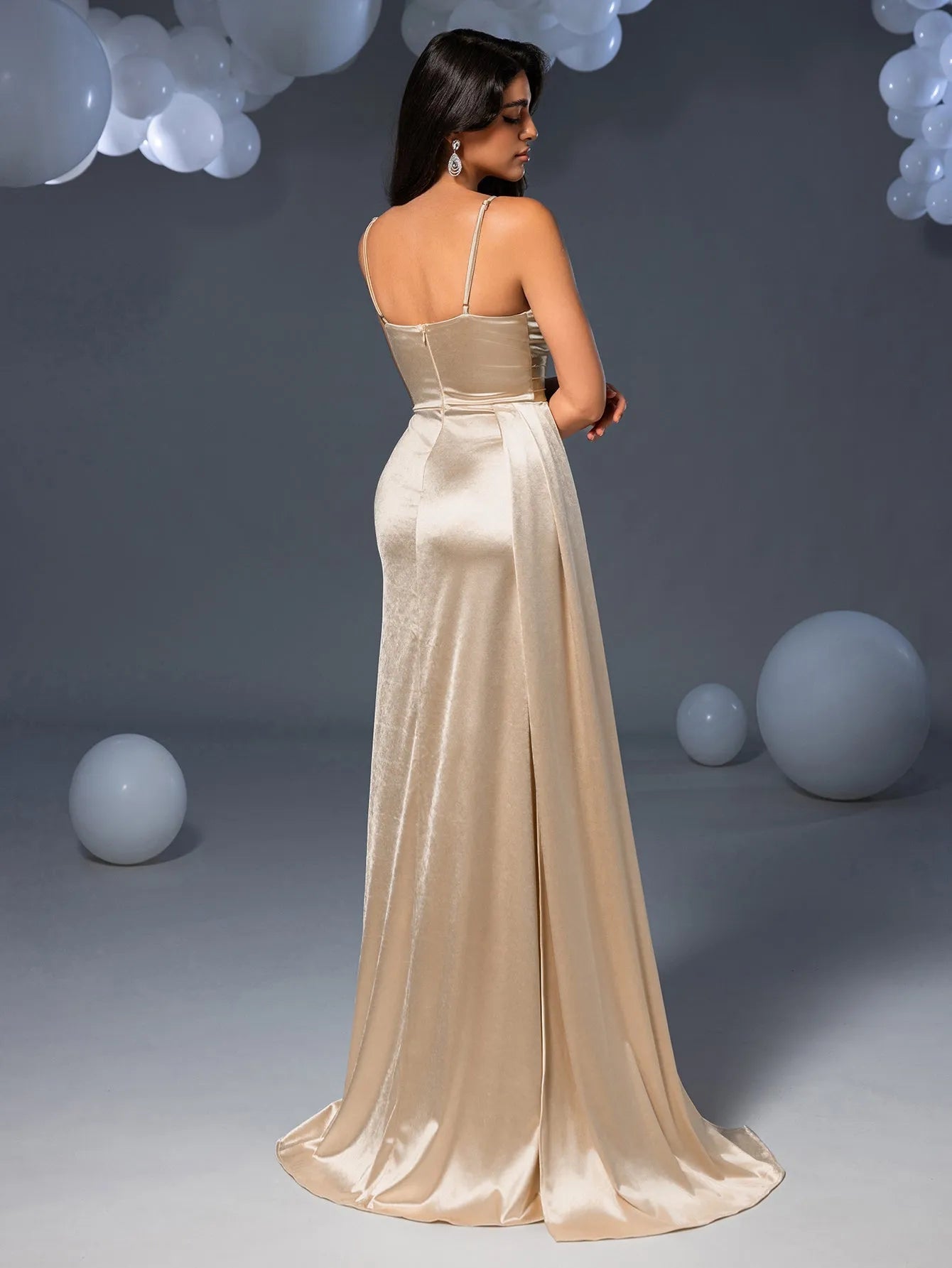 Elegant Ruched Side Draped Satin Cami Dress