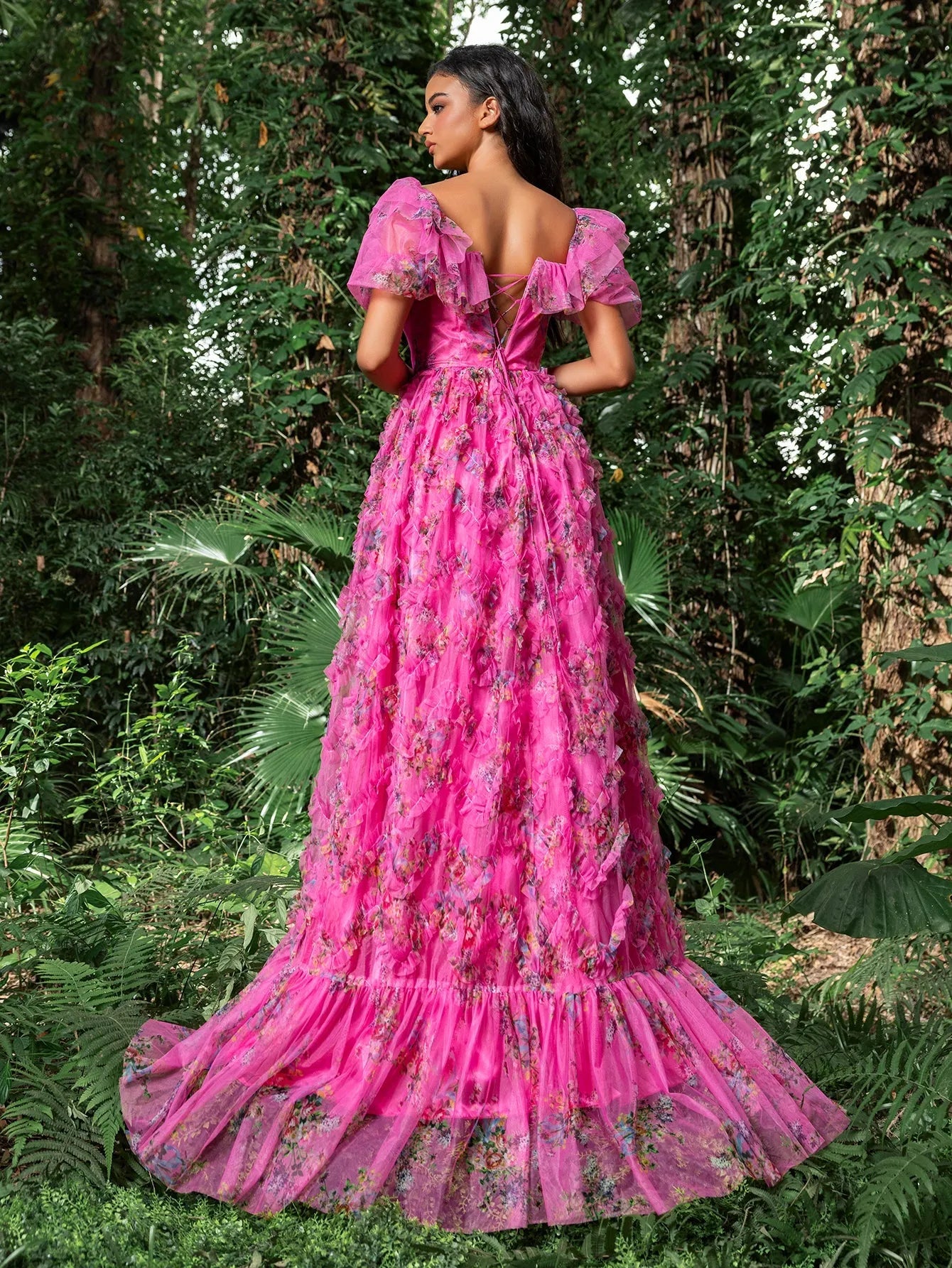 Elegant Ruffle Trim Puff Sleeves Floral Organza Prom Dress