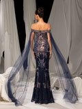 Elegant Graphic Sequin Evening Gown with Translucent Sleeves and High Slit – Mermaid Silhouette for Luxury Weddings or Galas, XS-XL