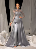 Luxe Sequin-Trimmed Jumpsuit with Glittering Bodice & Satin Wide-Leg Pants for Evening Glam, XS-XL