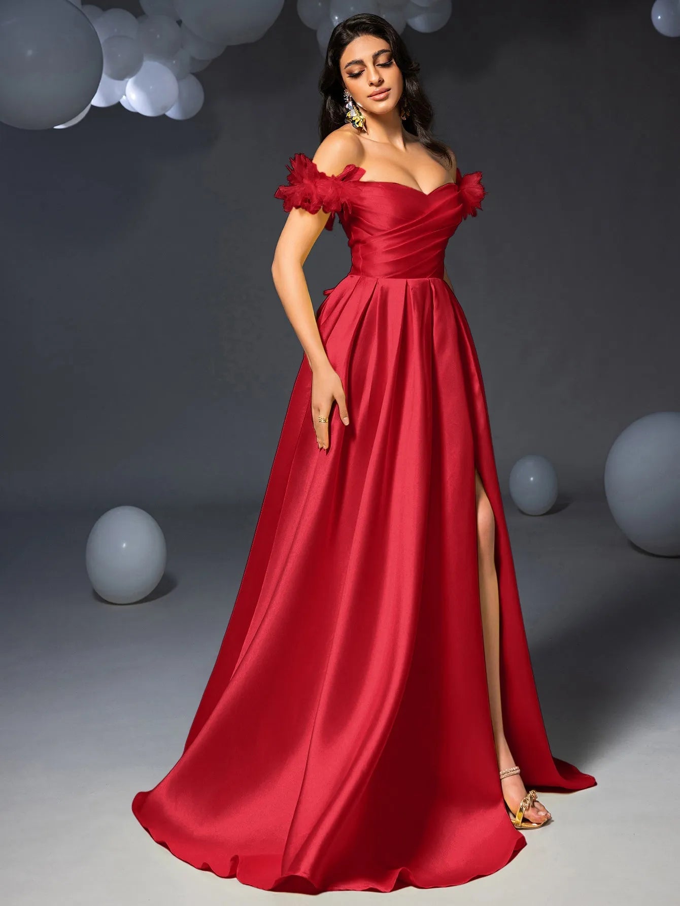 Elegant Off Shoulder Ruched Front Split Satin Prom Dress