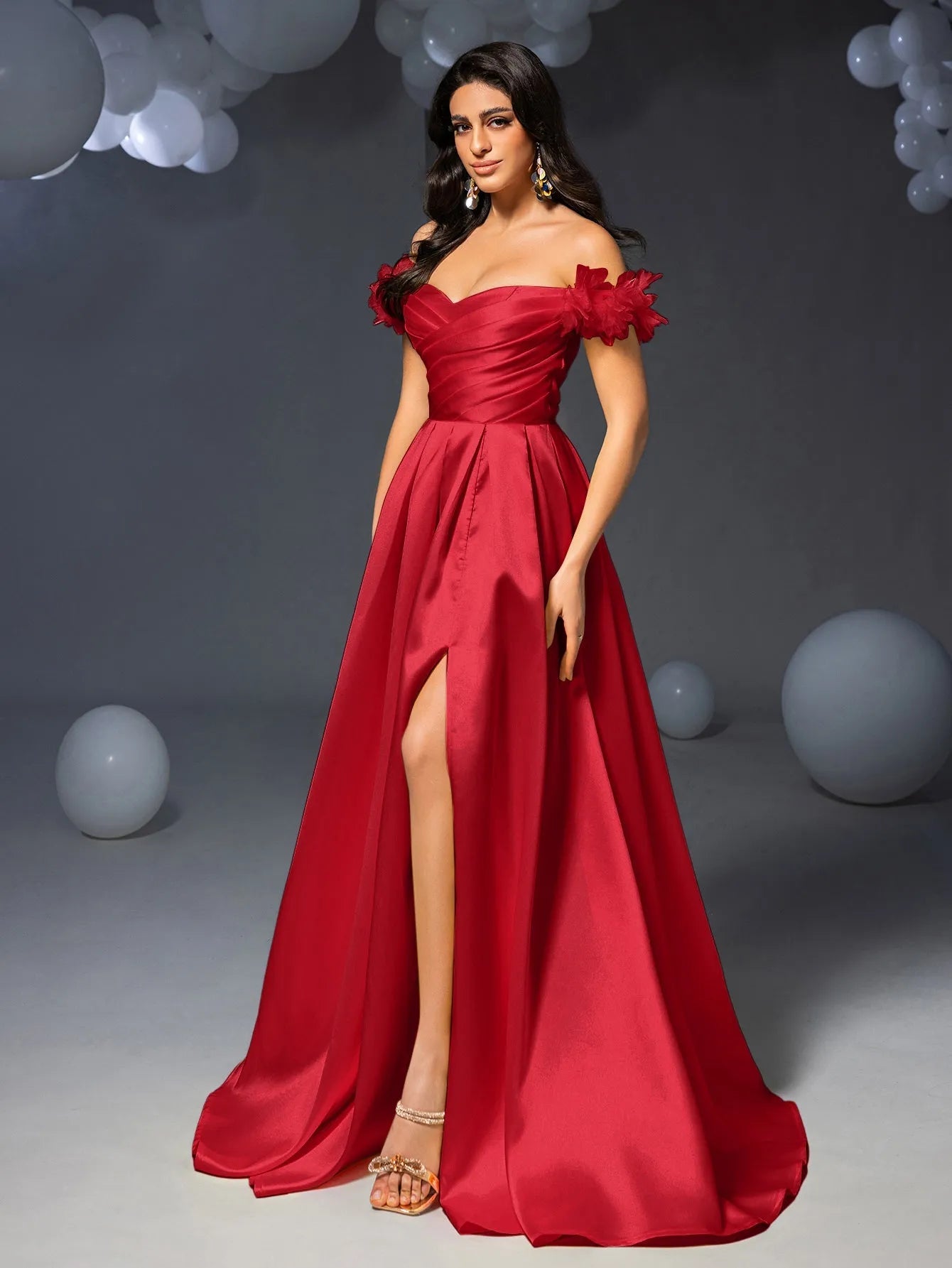 Elegant Off Shoulder Ruched Front Split Satin Prom Dress