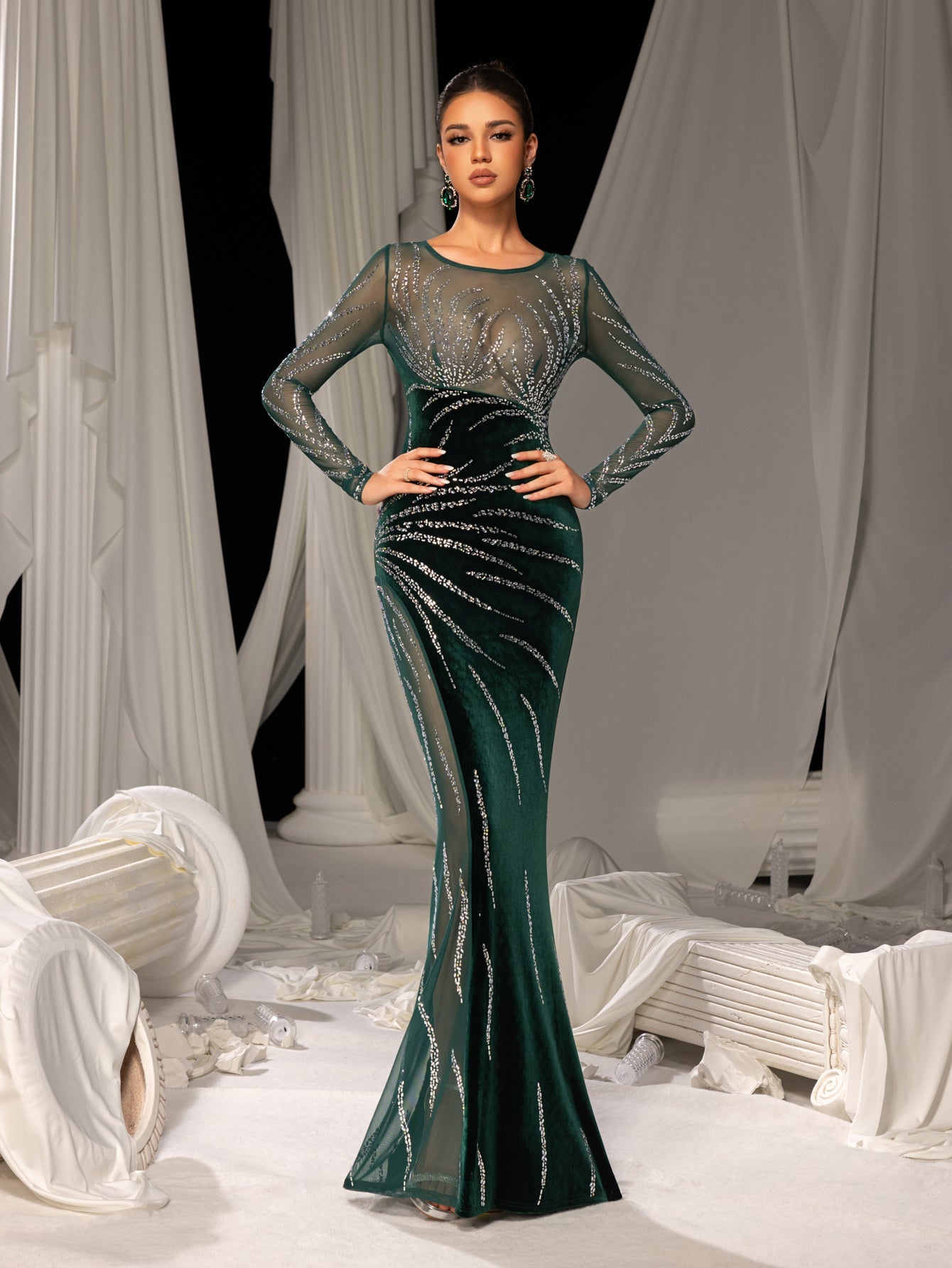 Gorgous Rhinestone Embellished Sheer Sleeves Mermaid Hem Velvet Evening Dress