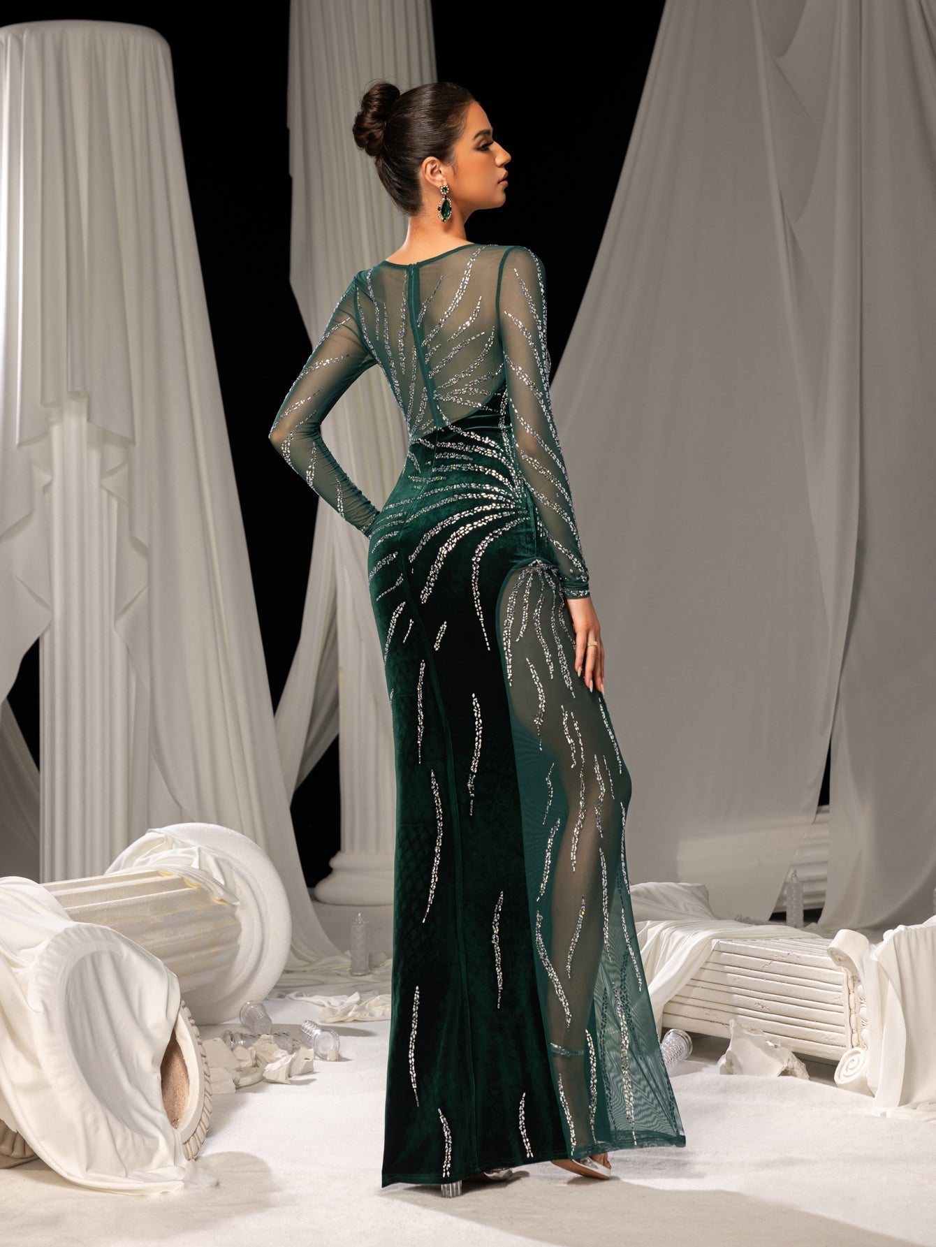 Gorgous Rhinestone Embellished Sheer Sleeves Mermaid Hem Velvet Evening Dress