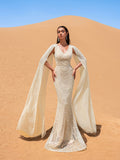 Gorgeous Beaded Sequin Mermaid Gown with Cape Sleeves – Elegant Evening Dress for Weddings, Red Carpet Galas & Opera Nights