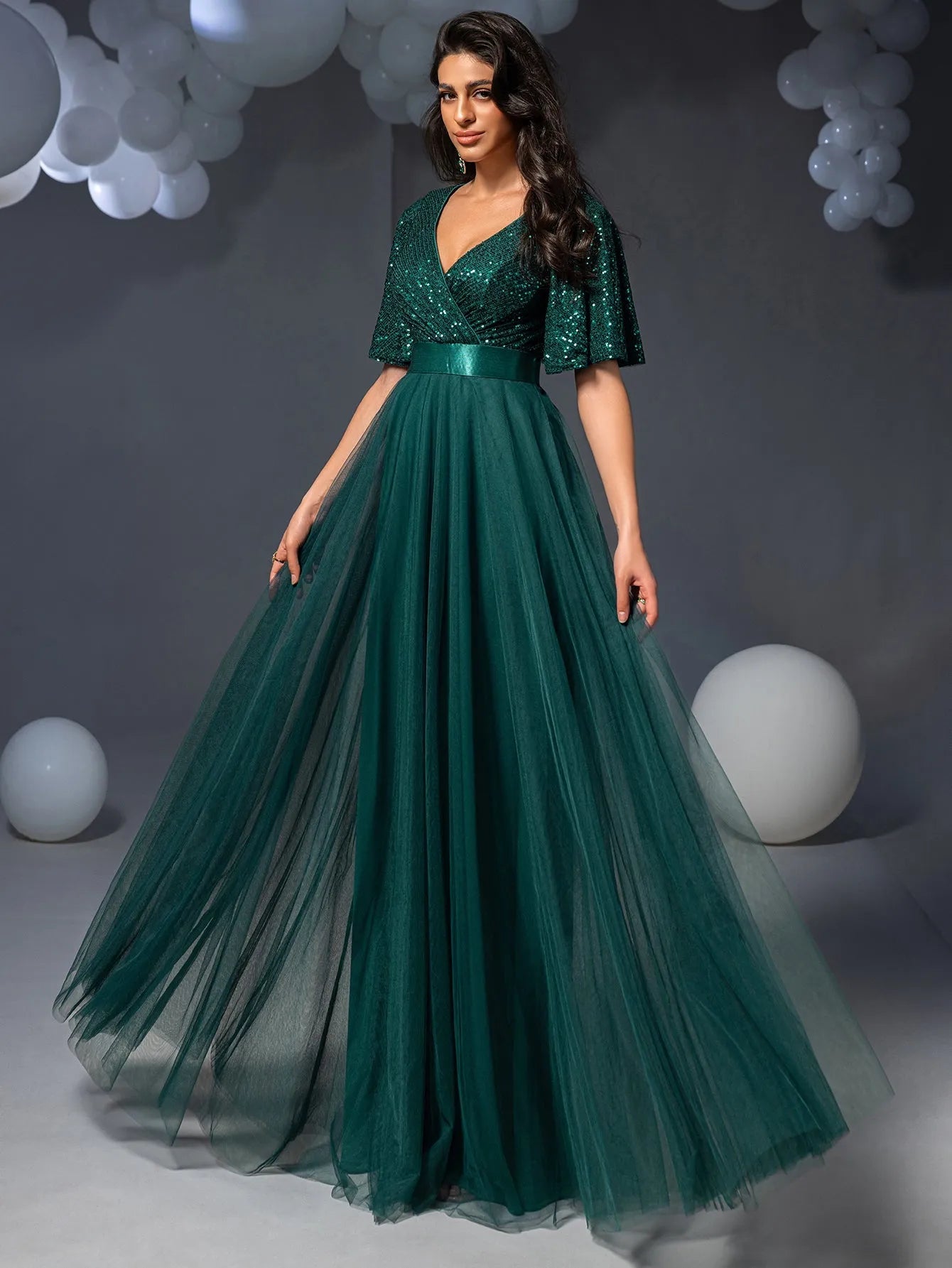 Elegant Surplice Neck Butterfly Sleeves Sequin Party Dress