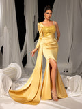 Elegant Satin Formal Dress with High Slit & Sequin Embellishments – Luxurious Evening Wear for Red Carpet, Gala Dinners & Luxury Weddings