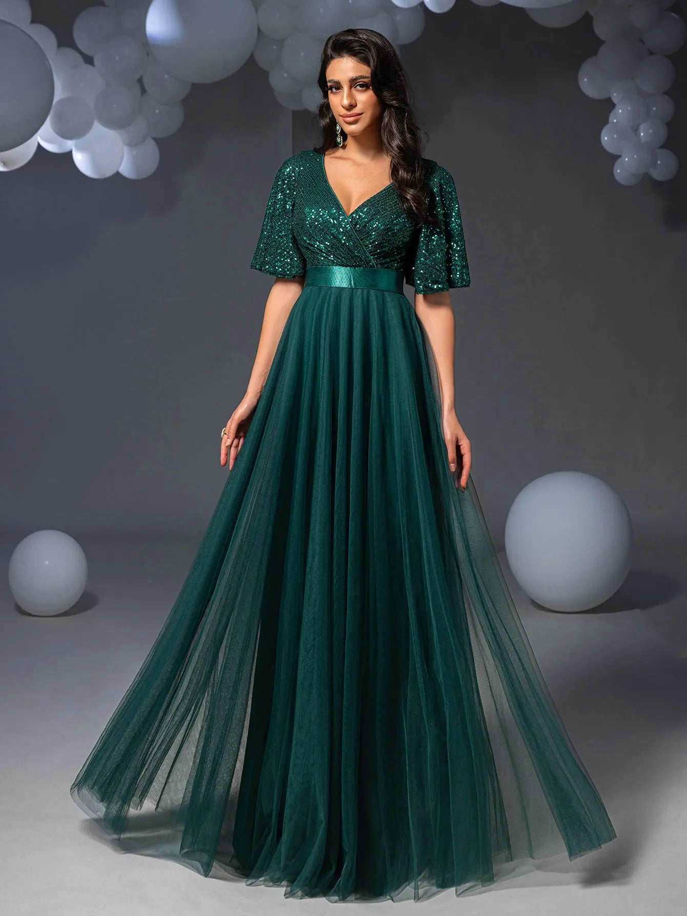 Elegant Surplice Neck Butterfly Sleeves Sequin Party Dress