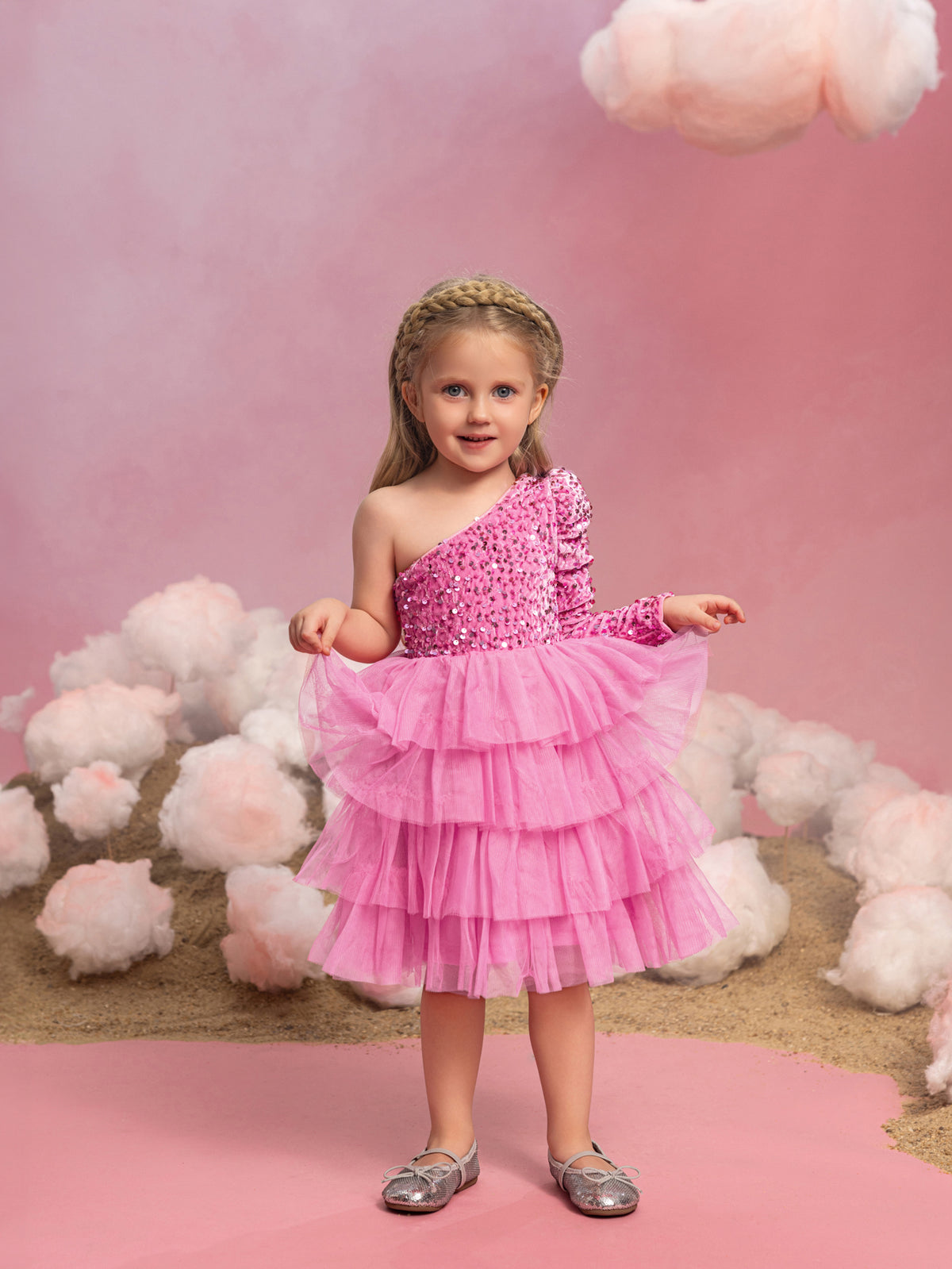 Young Girls' One Shoulder Mesh Lyaered Hem Party Dress