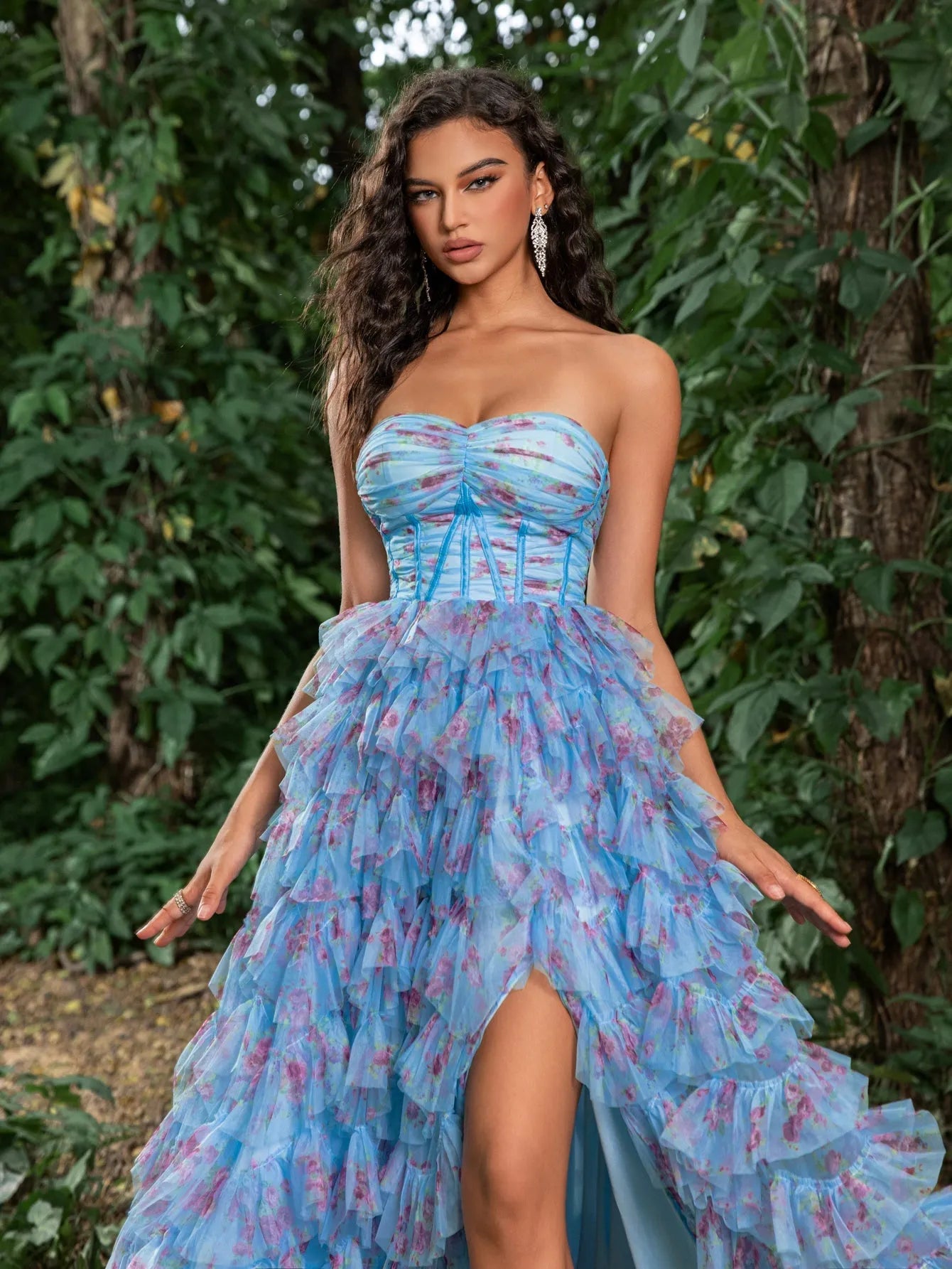 Floral Printed Ruched Bustier Split Thigh Tube Party Dress