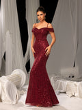 Elegant Sequined Off-Shoulder Gown with High Slit – Luxury Evening Wear for Red Carpet, Gala Dinners & Formal Weddings, XS-XL