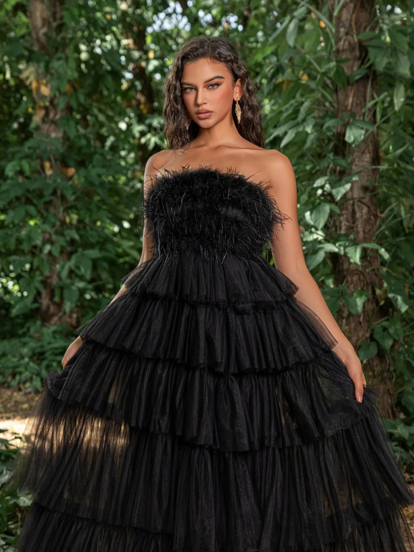 Luxury Feather Bodice Layered Ruffle Tulle Hem Prom Tube Dress