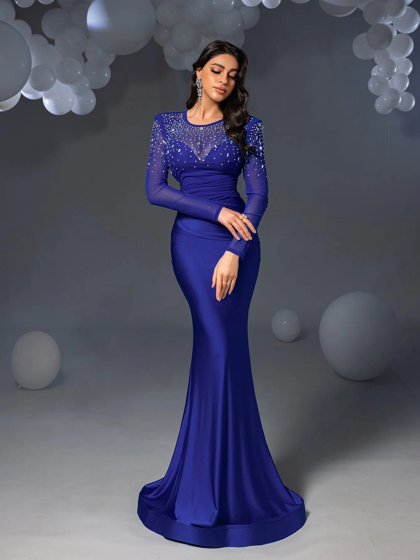 Rhinestone Detail Round Neck Long Sleeves Mermaid Dress