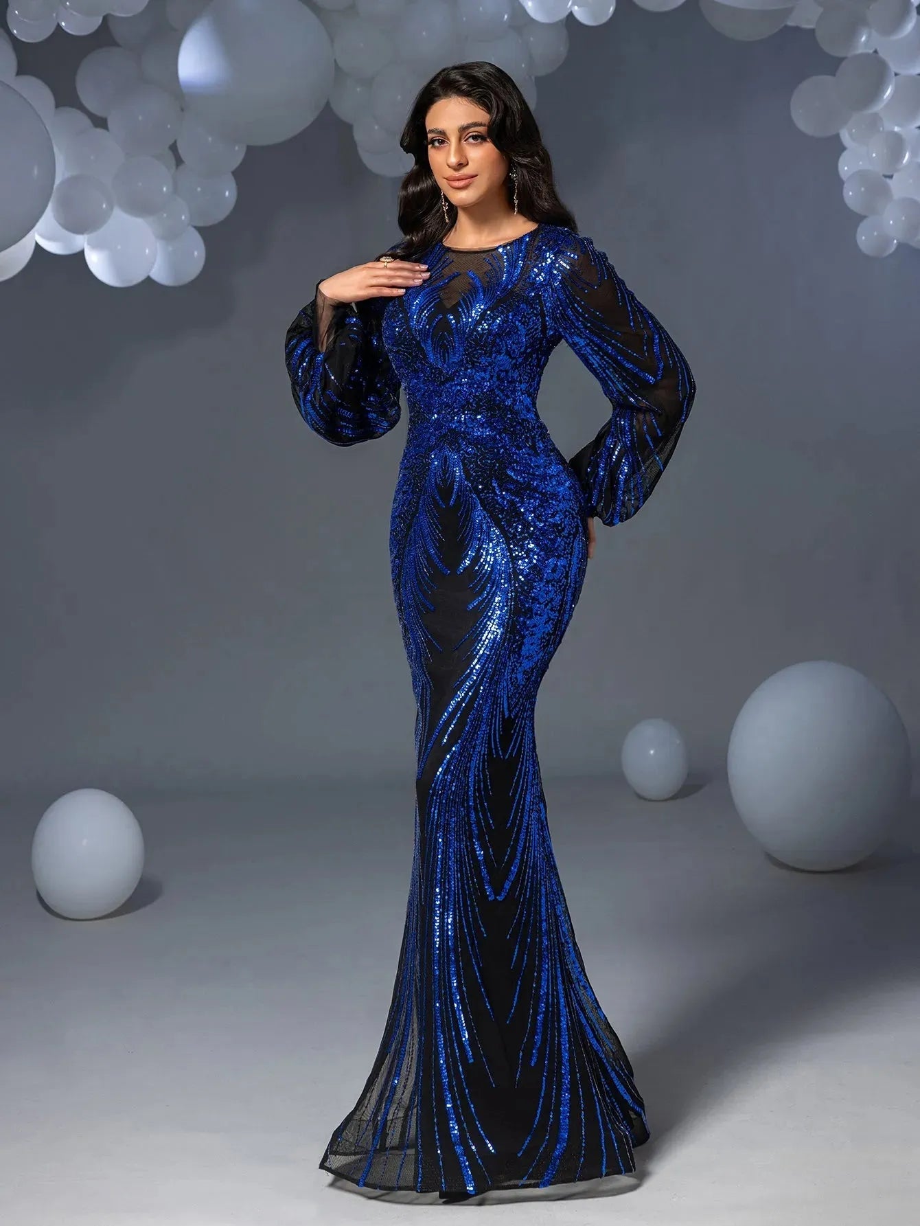 Gorgeous Lantern Sleeves Mermaid Hem Graphic Sequin Evening Dress