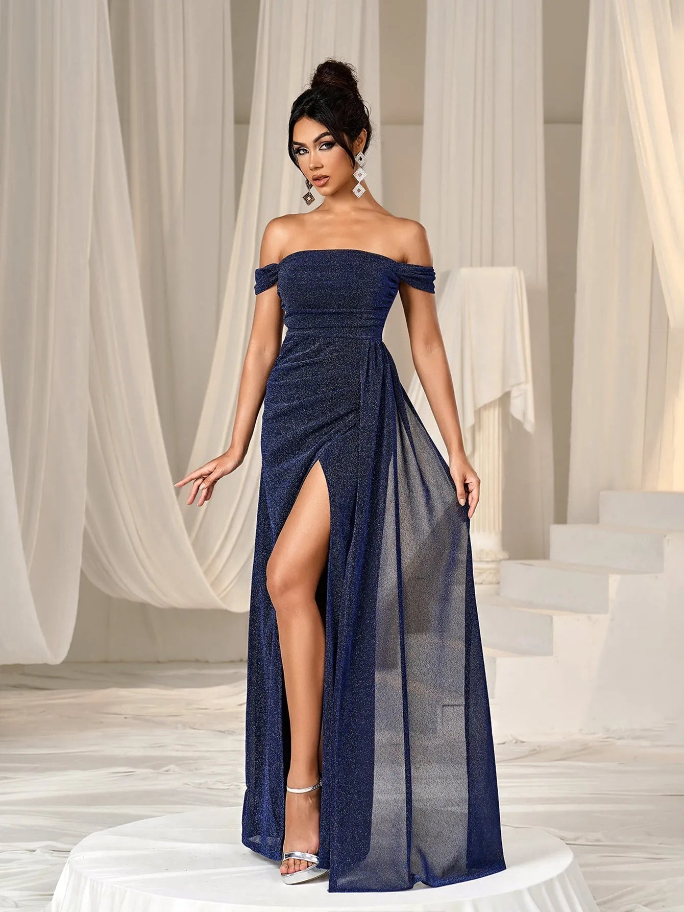 Glitter Off Shoulder Draped Side Split Thigh Formal Evening Dress