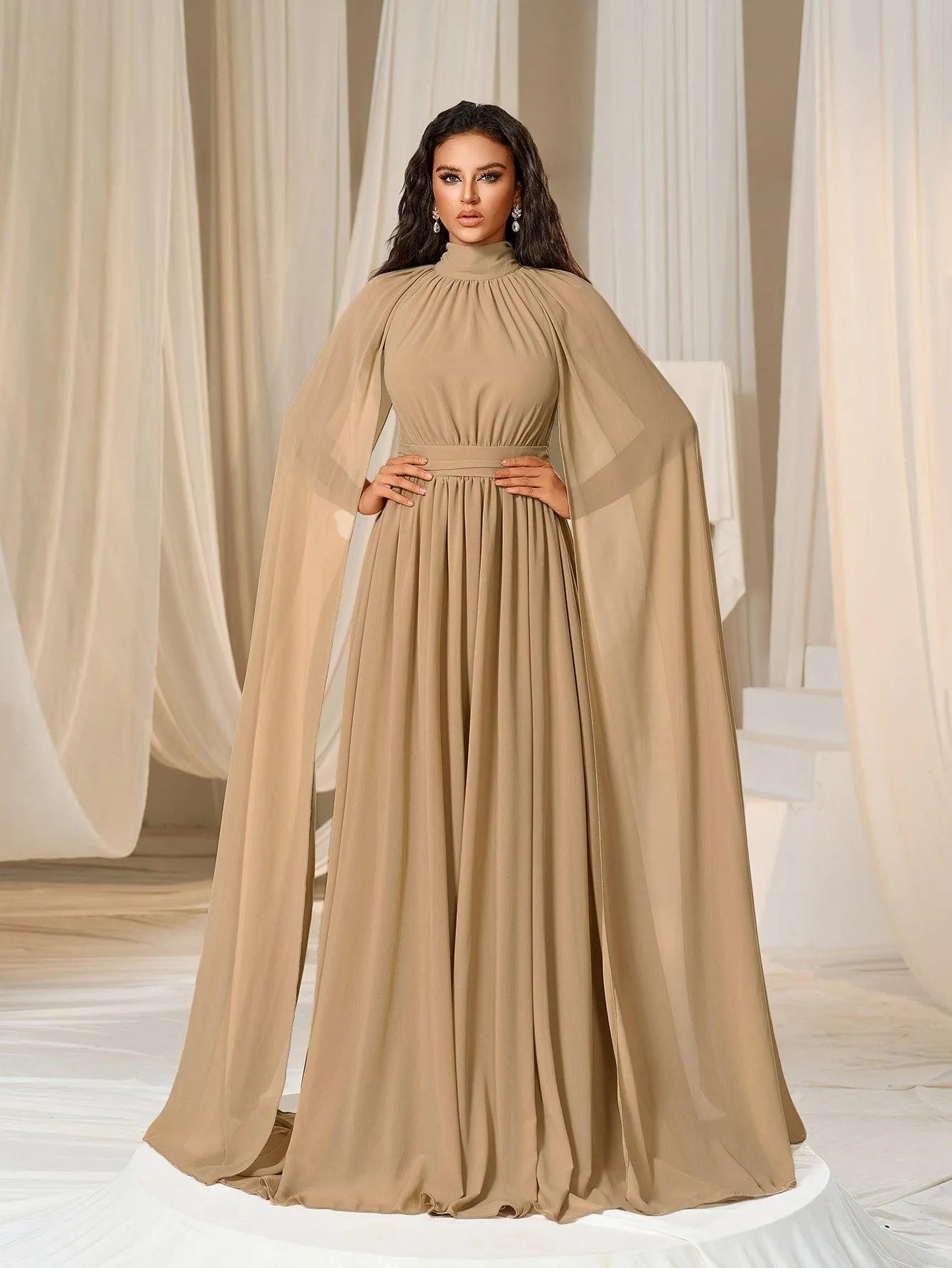 Elegant Mock Neck Cloak Sleeve Chiffon Formal Dress