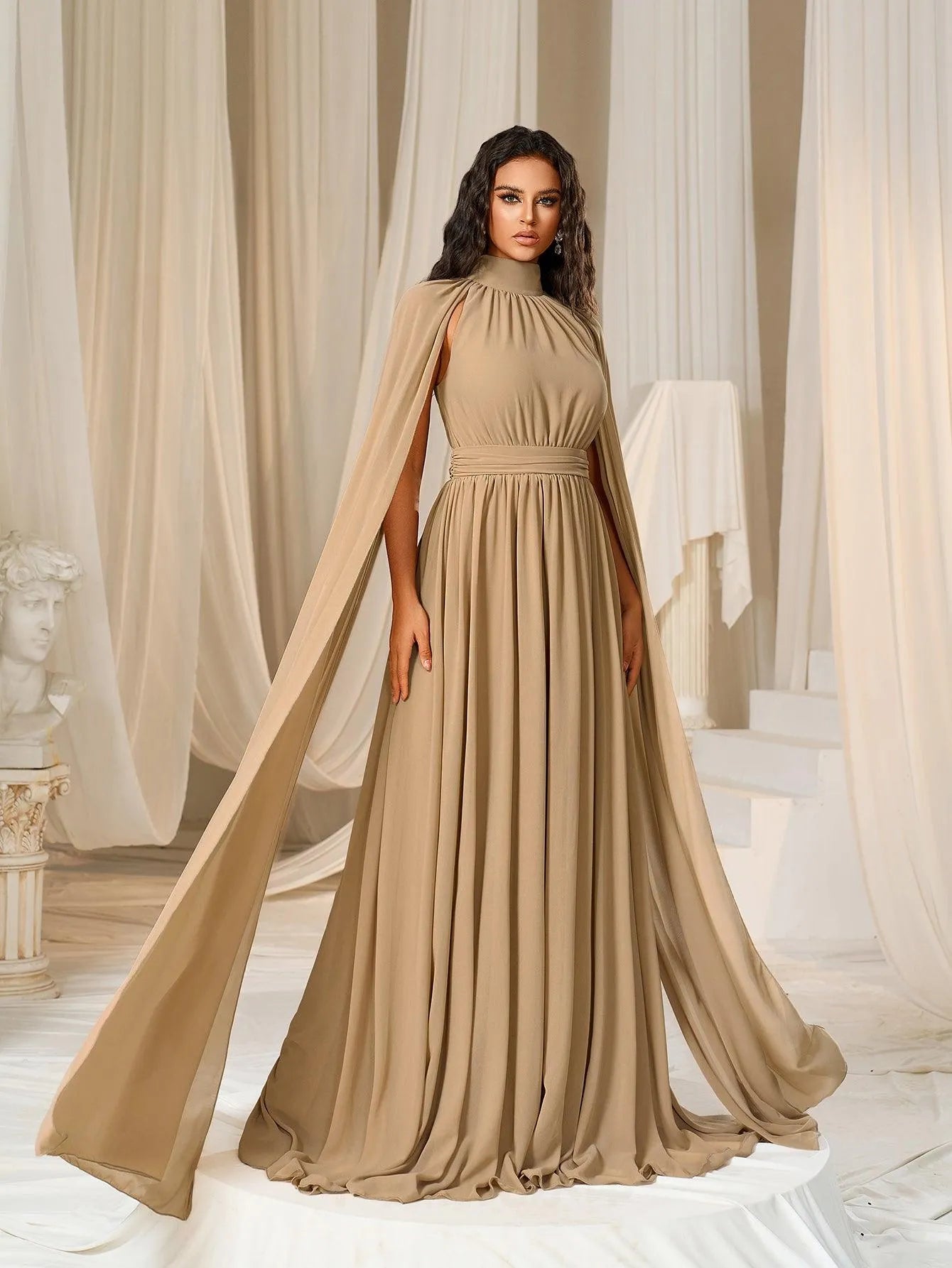 Elegant Mock Neck Cloak Sleeve Chiffon Formal Dress