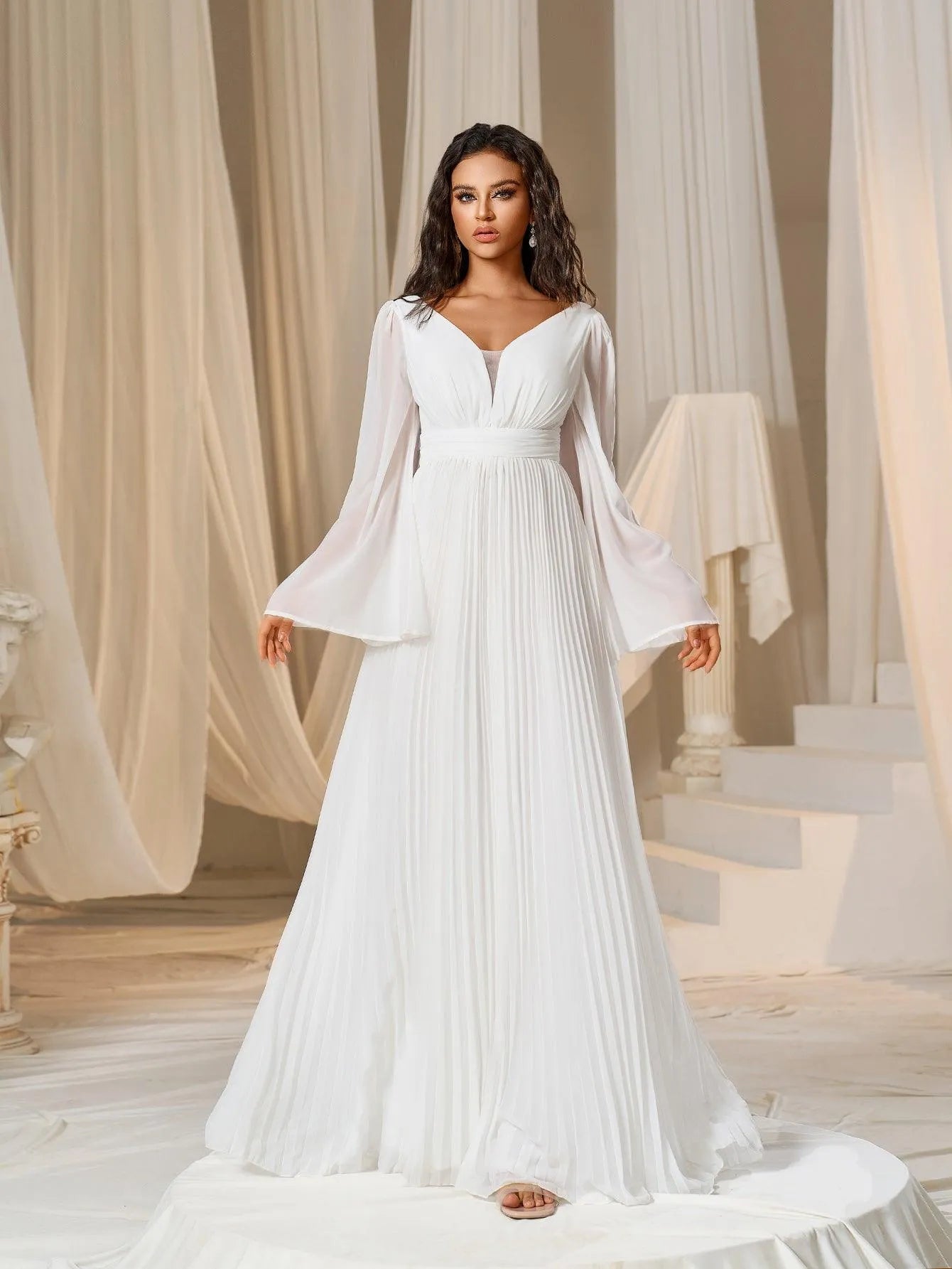 Plunging Neck Flared Sleeves Pleated Chiffon Dresses