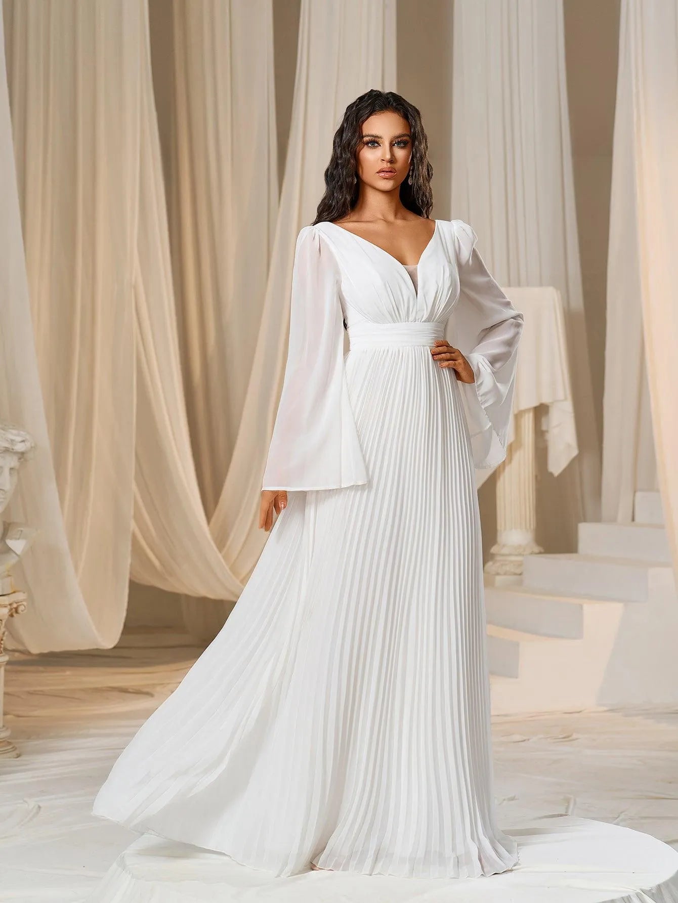 Plunging Neck Flared Sleeves Pleated Chiffon Dresses