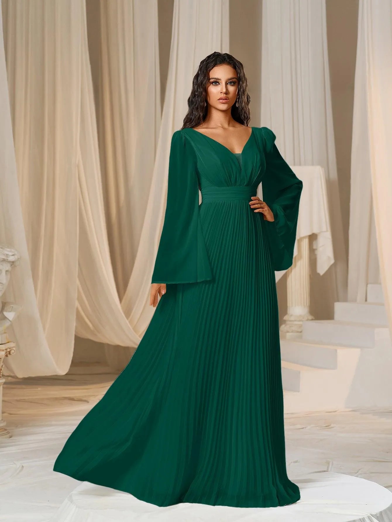 Plunging Neck Flared Sleeves Pleated Chiffon Dresses