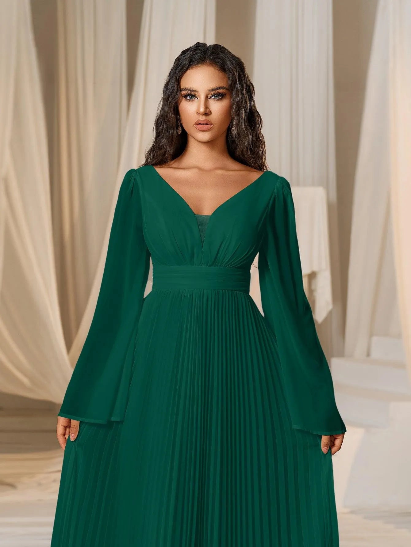 Plunging Neck Flared Sleeves Pleated Chiffon Dresses