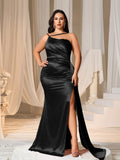 Plus Asymmetric Neckline Satin Mermaid Hem Party Dress Evening Dress Bridesmaids Dress