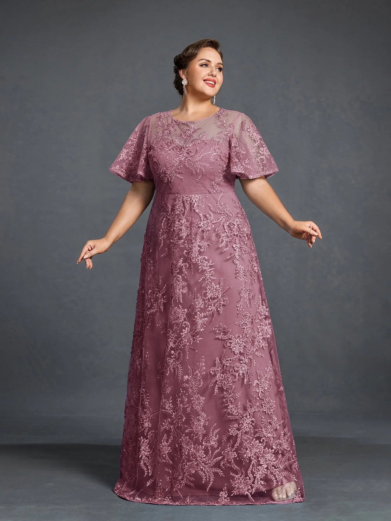 Plus Womens‘ Floral Embroidered Butterfly Sleeves A Line Formal Evening Dress