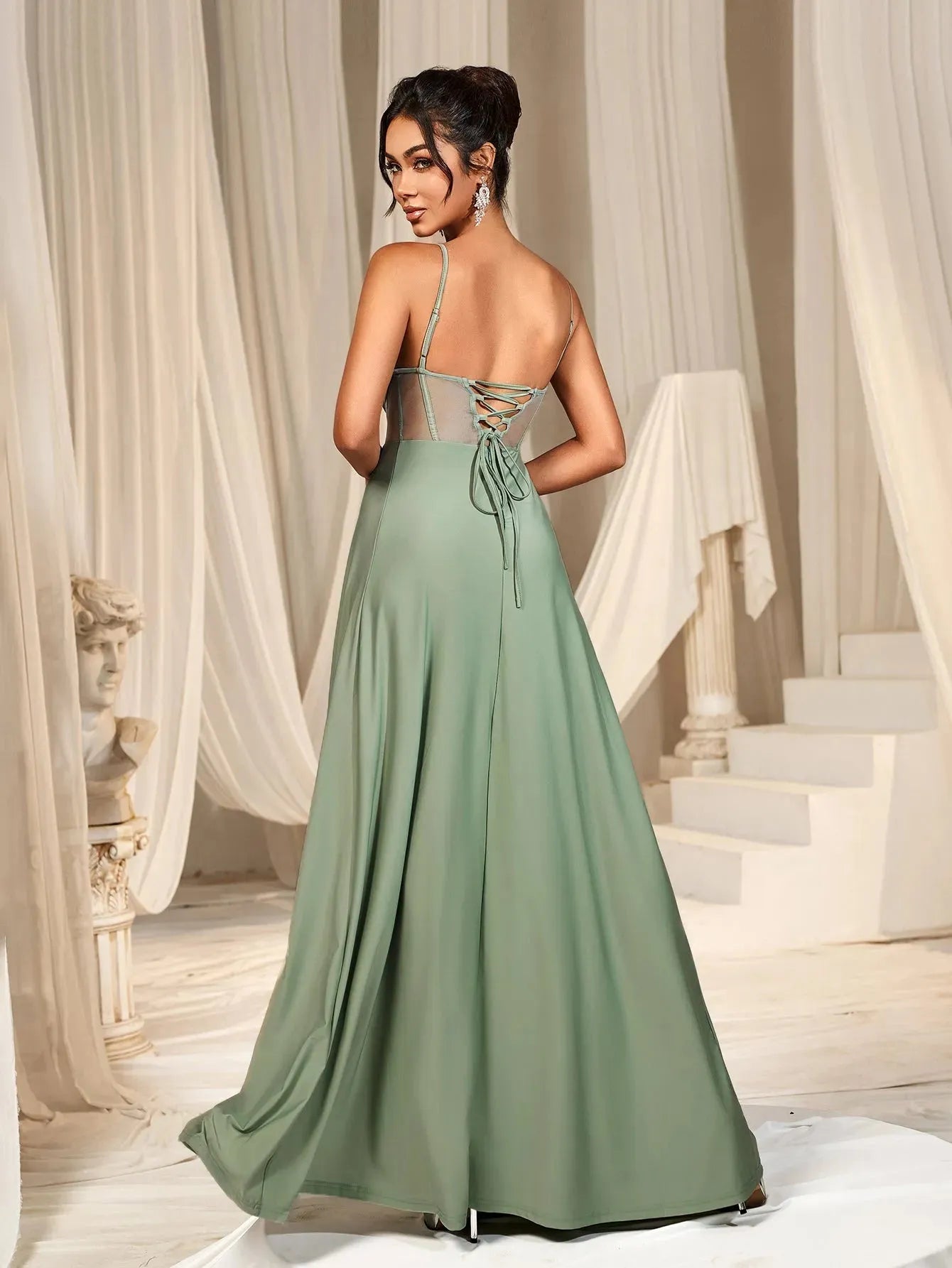 Elegant Solid Spaghetti Straps Split Thigh Bridesmaids Dress