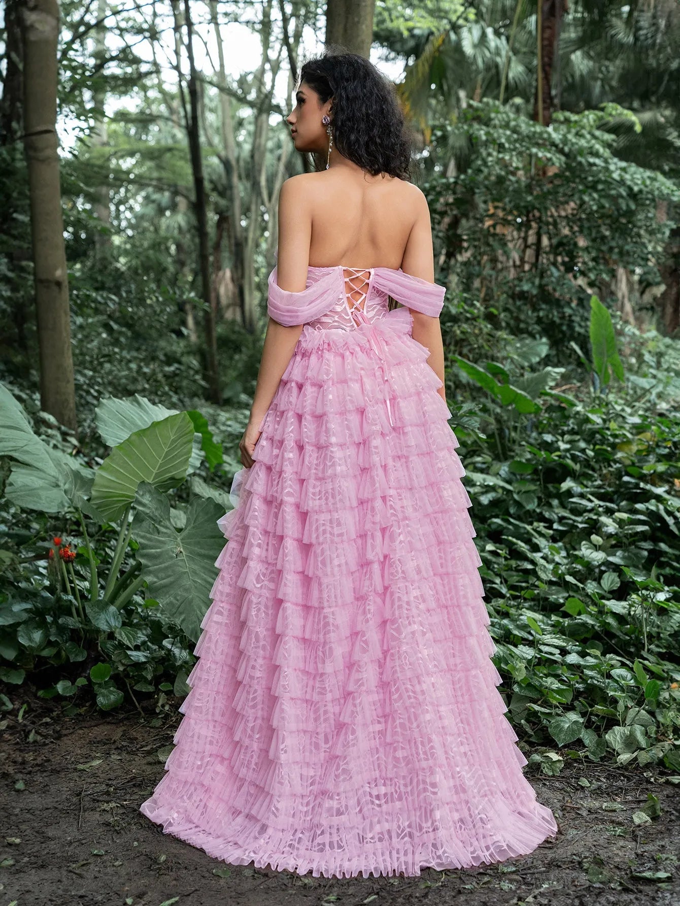 Gorgeous Off-Shoulder Bodice Cascading Ruffle Hem Prom Dress