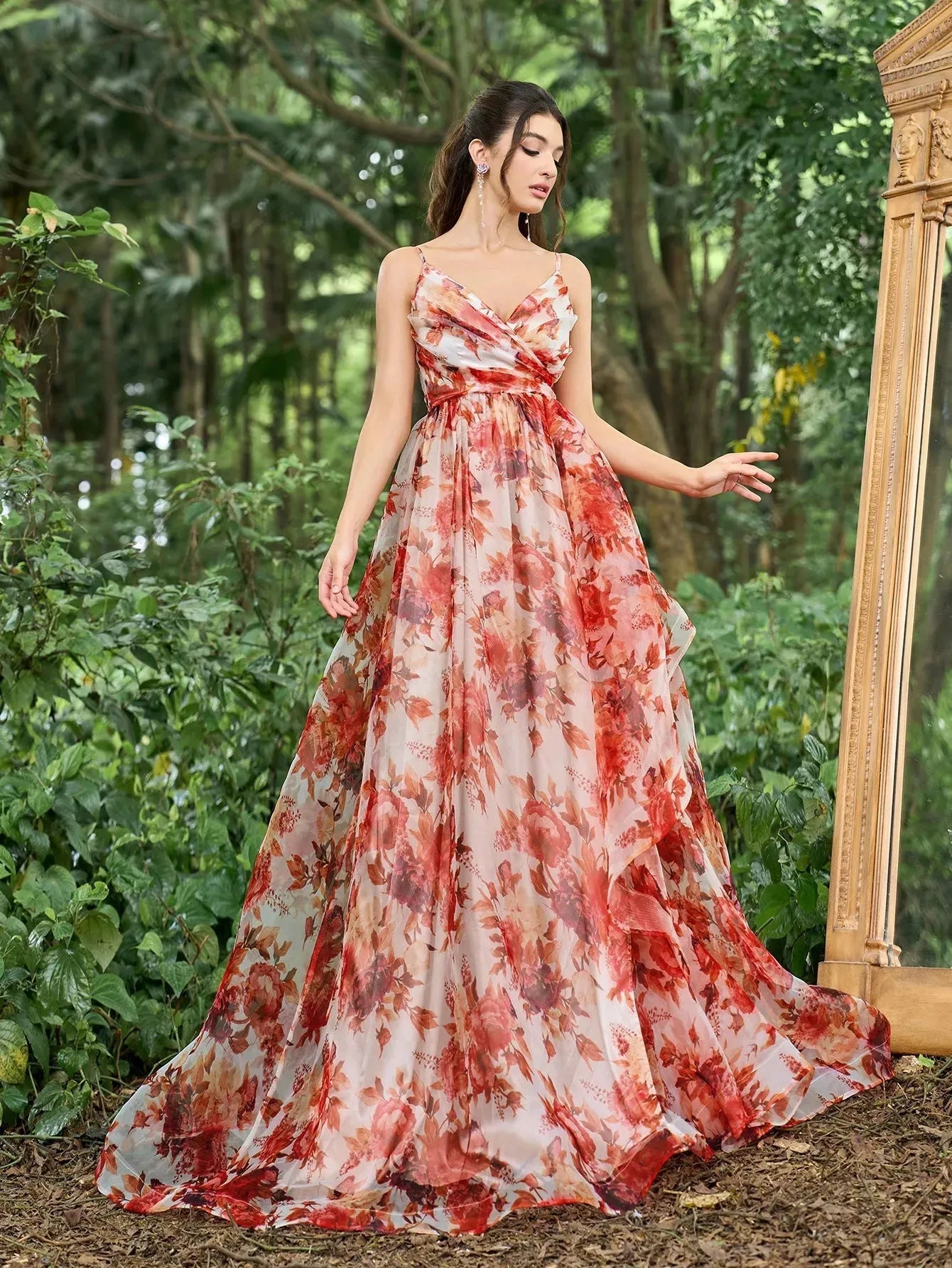 Elegant Backless Floral Printed Slip Prom Dress