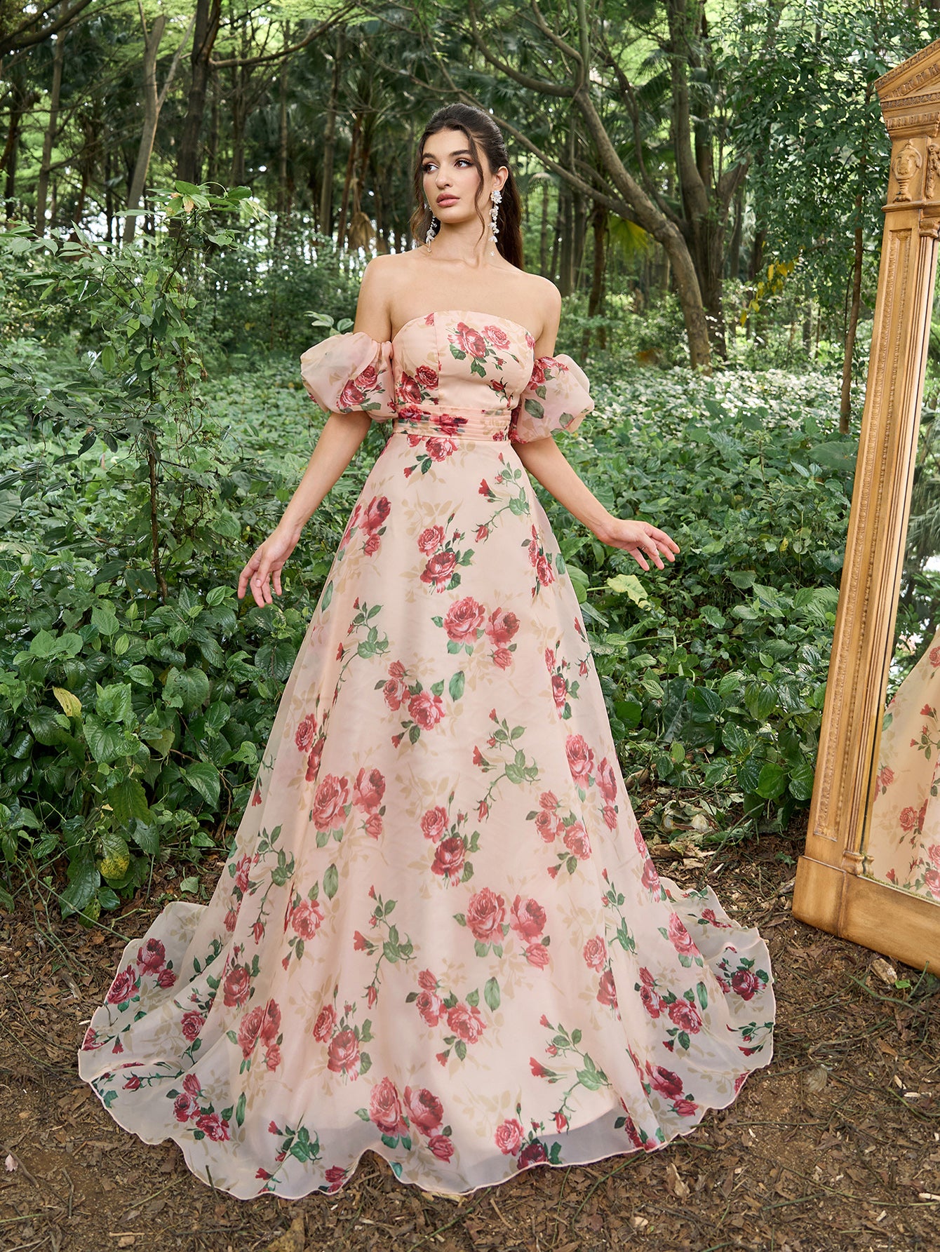 Gorgeous Off Shoulder Puff Sleeves Floral Printed Organza Prom Dress