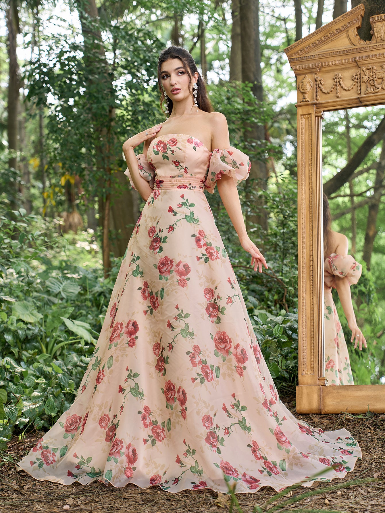 Gorgeous Off Shoulder Puff Sleeves Floral Printed Organza Prom Dress