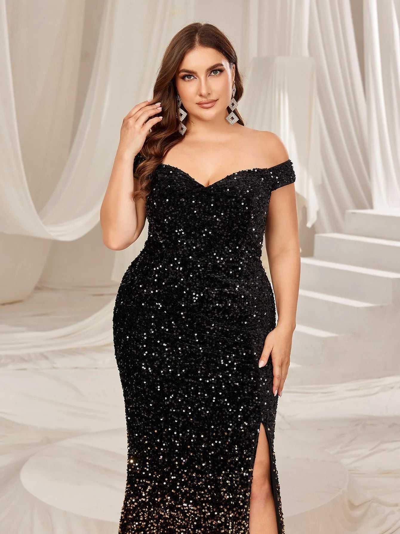 Plus Off Shoulder Split Mermaid Hem Ombre Sequin Evening Dress