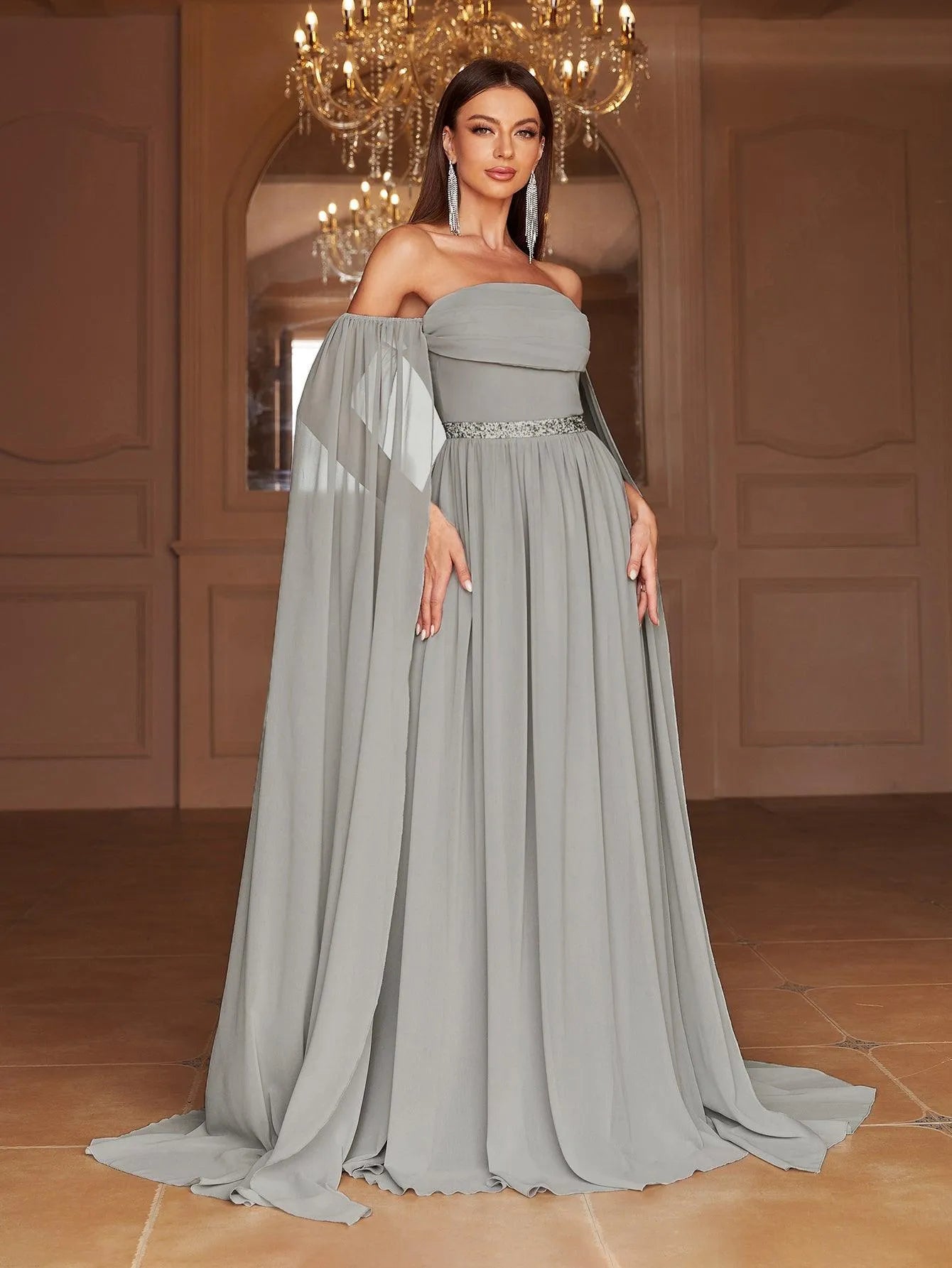 Elegant Off Shoulder Extra-Long Sleeves Chiffon Prom Dress