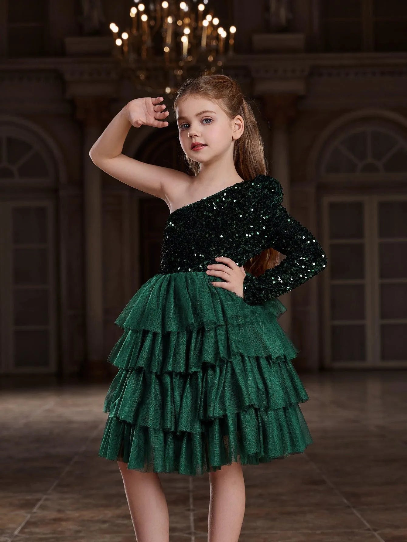 Tween Girls' One Shoulder Mesh Lyaered Hem Party Dress - Elonnashop