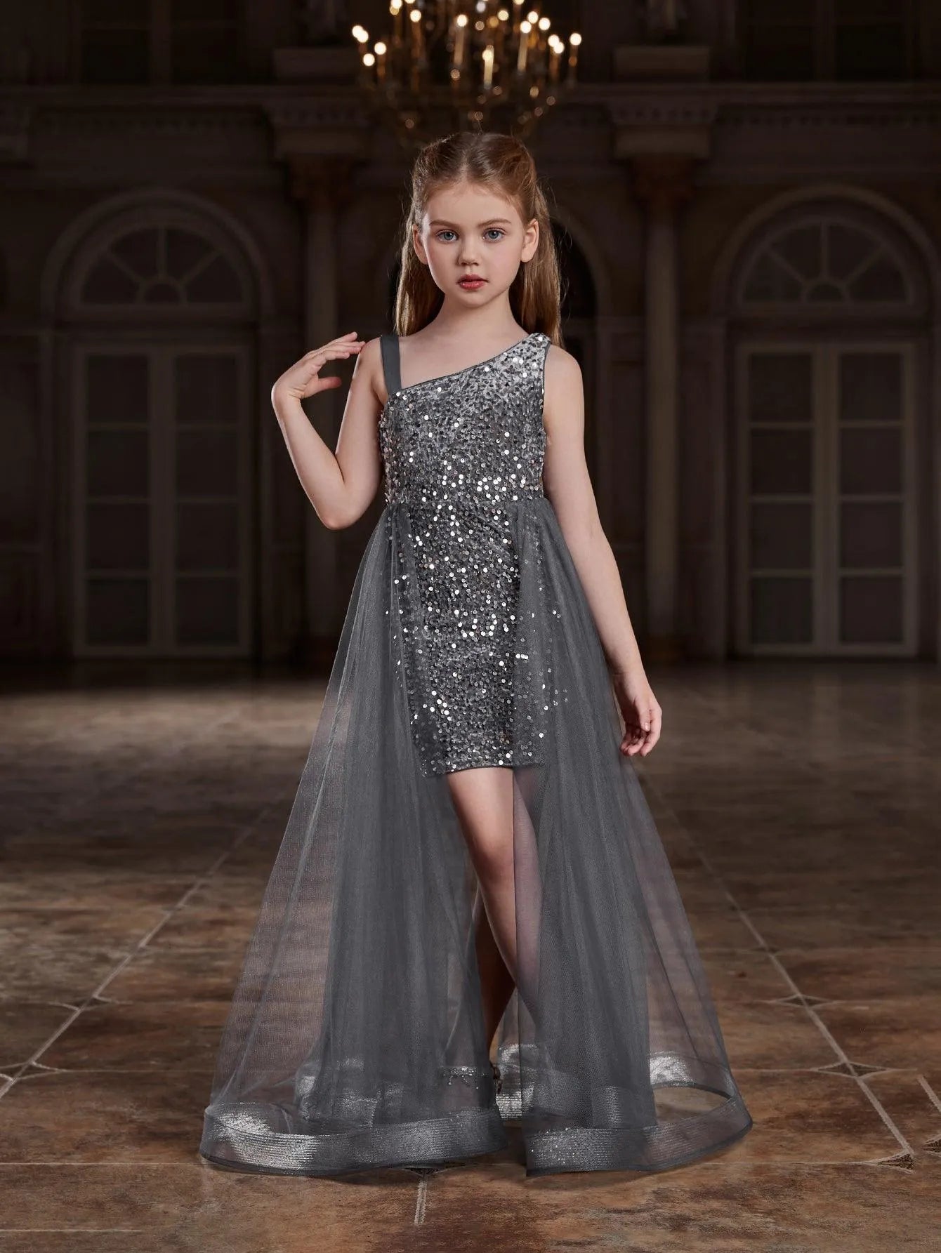 Tween Girls' Asymmetrical Neckline Mesh Overlay Sequin Dress