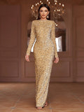 Mock Neck Long Sleeve Split Hem Sequin Dress - Elonnashop