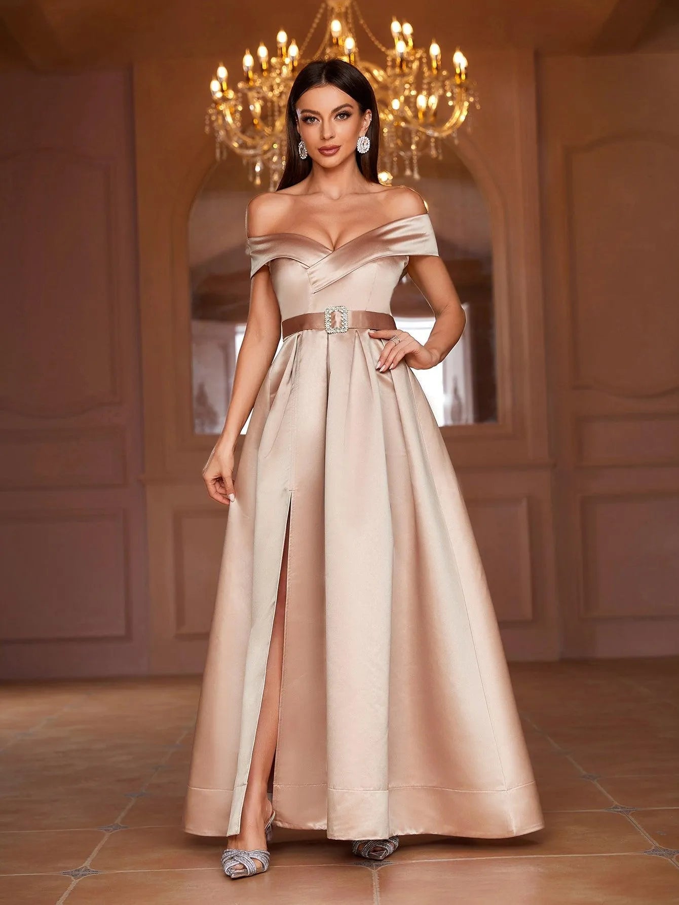 Off Shoulder Buckle Belted Satin Ball Gown