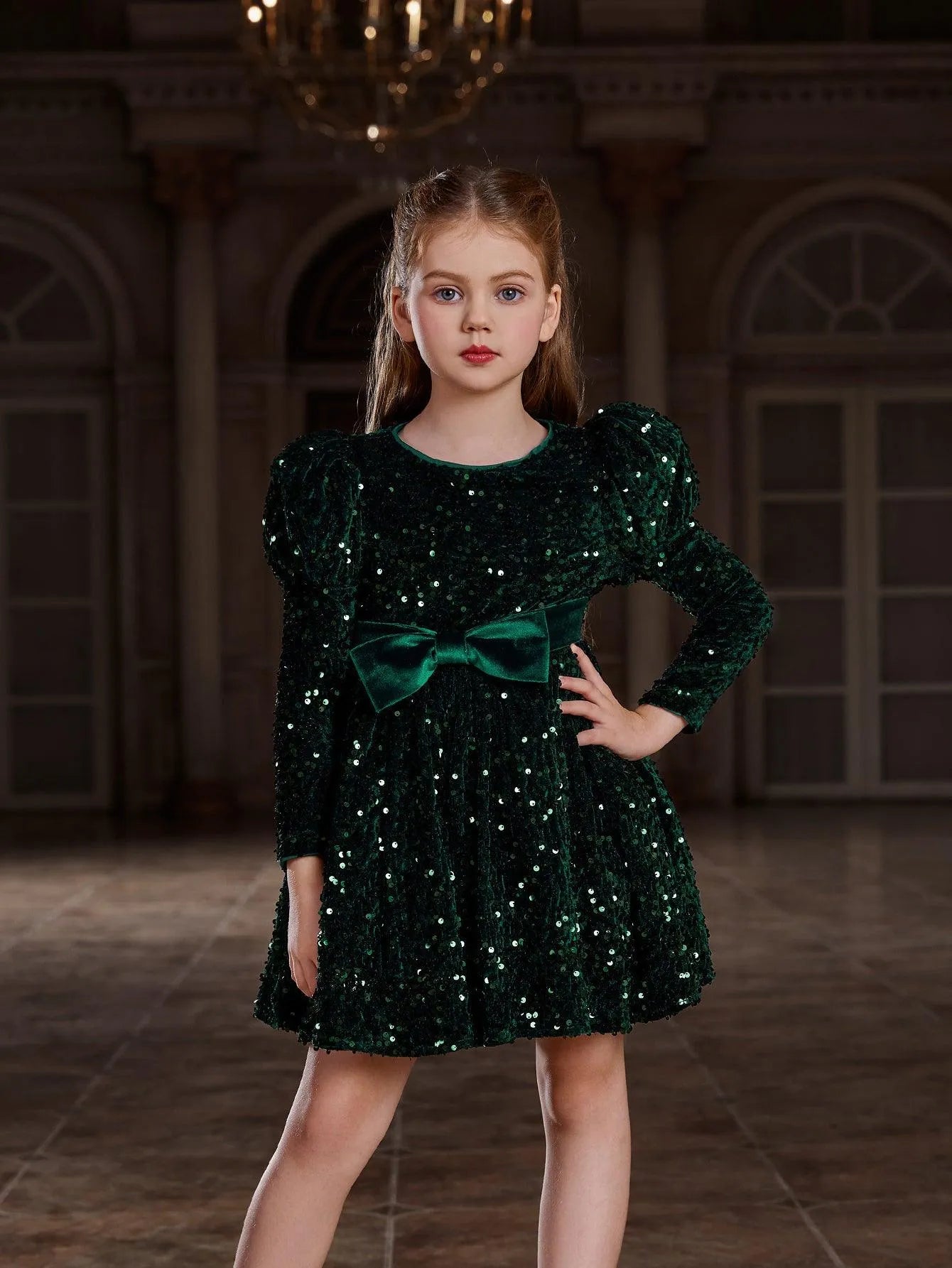 Tween Girls' Gigot Sleeve Bow Decor Sequin Midi Dress - Elonnashop