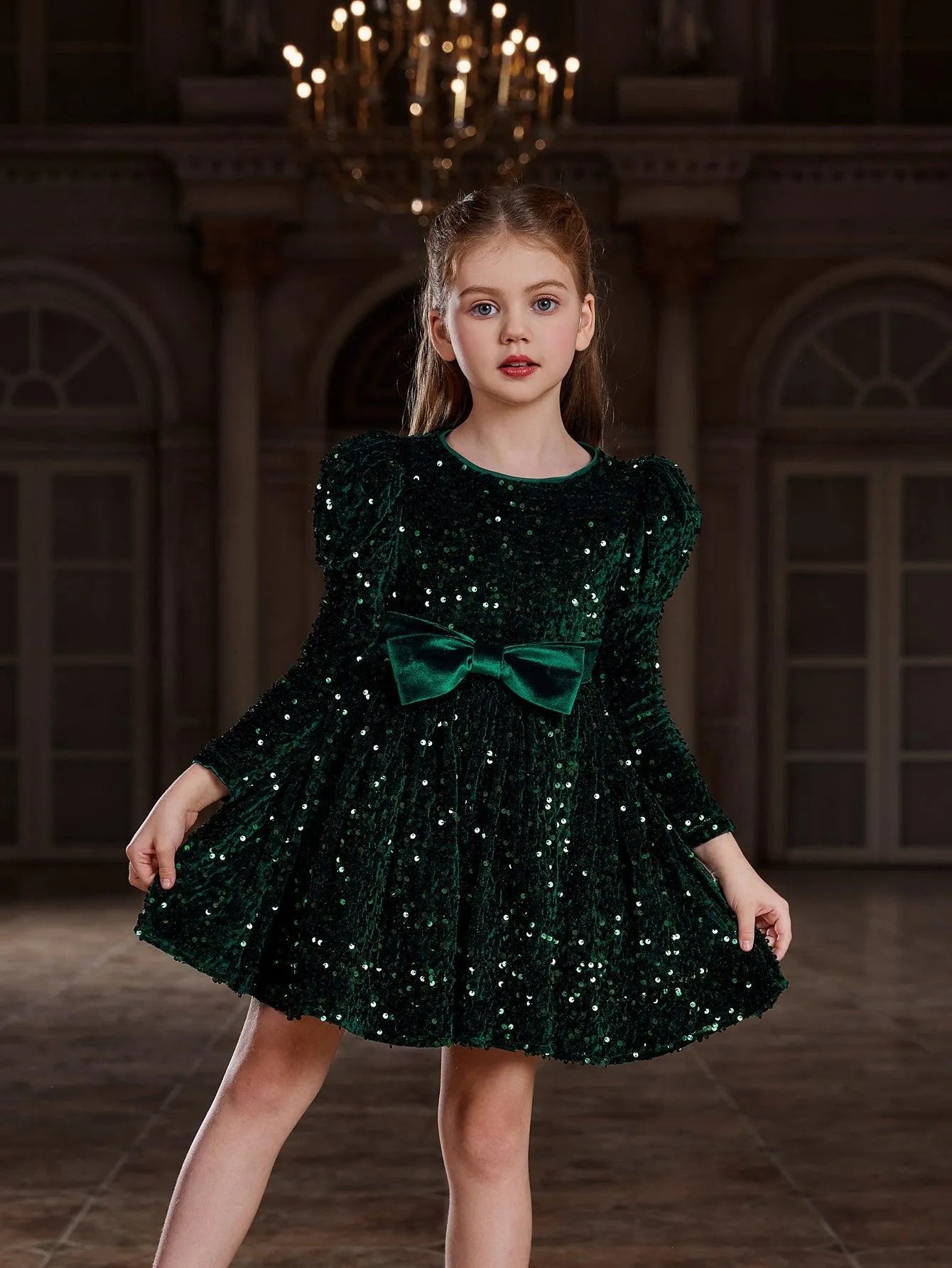 Tween Girls' Gigot Sleeve Bow Decor Sequin Midi Dress - Elonnashop