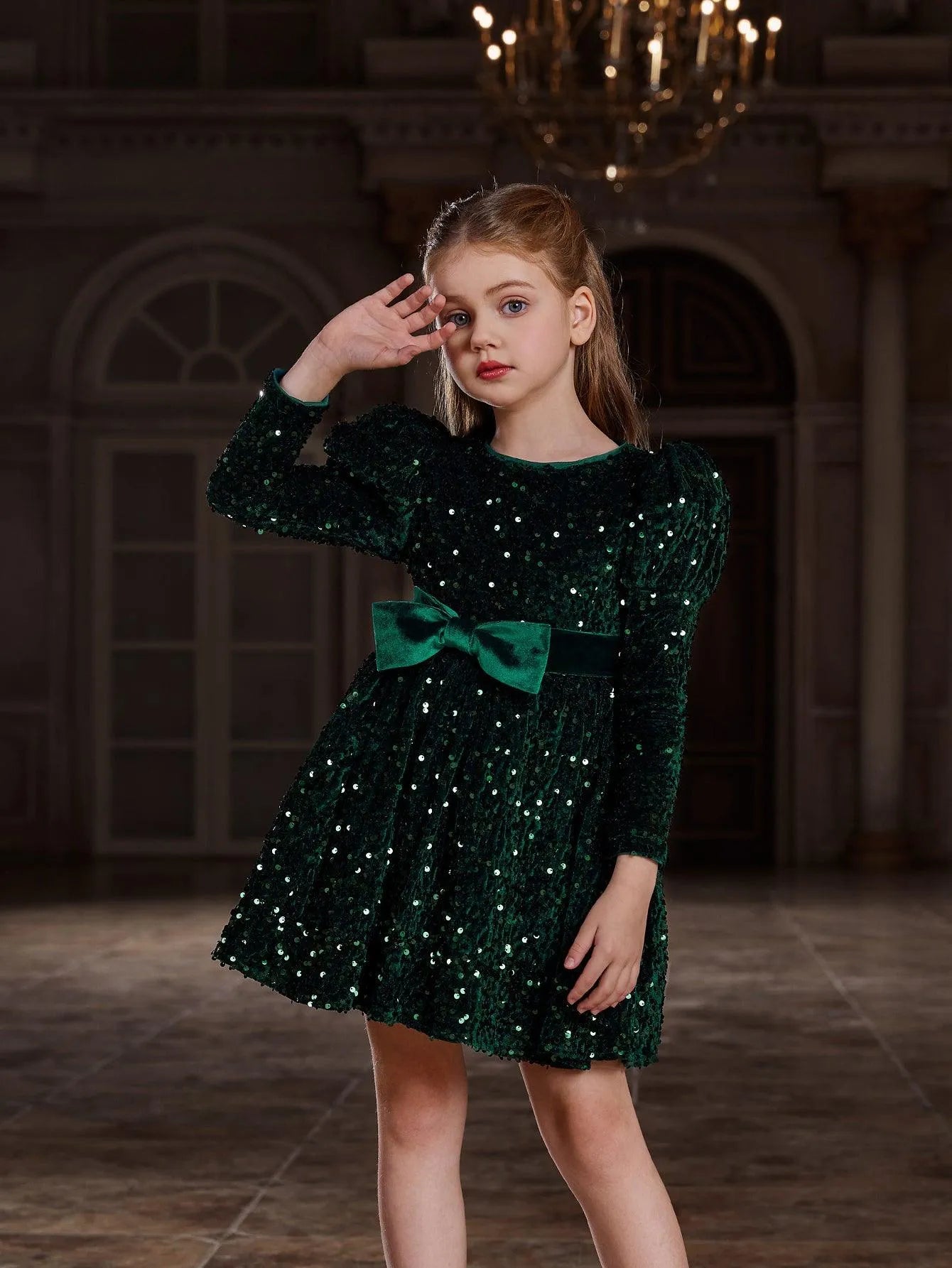 Tween Girls' Gigot Sleeve Bow Decor Sequin Midi Dress - Elonnashop