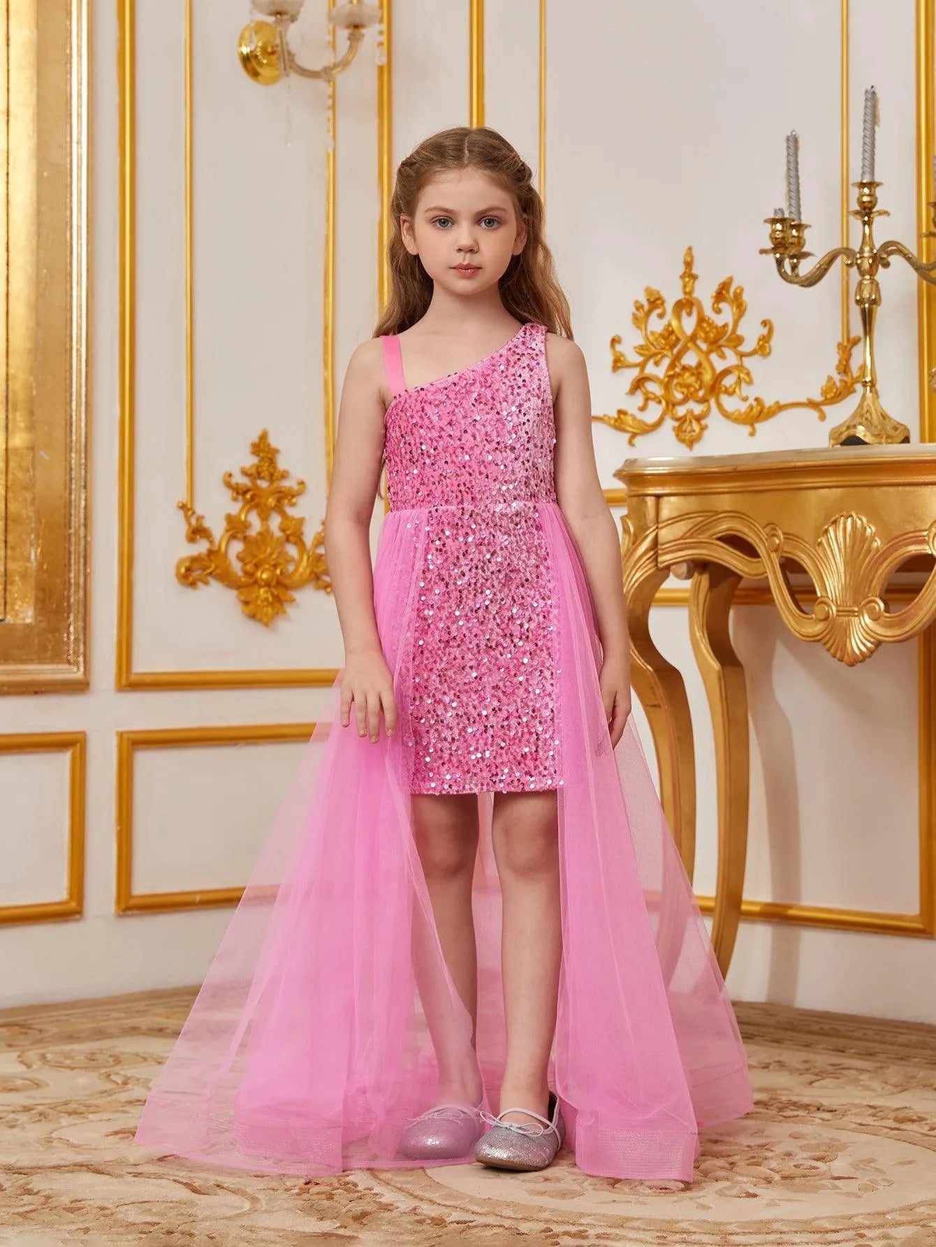 Tween Girls' Asymmetrical Neckline Mesh Overlay Sequin Dress