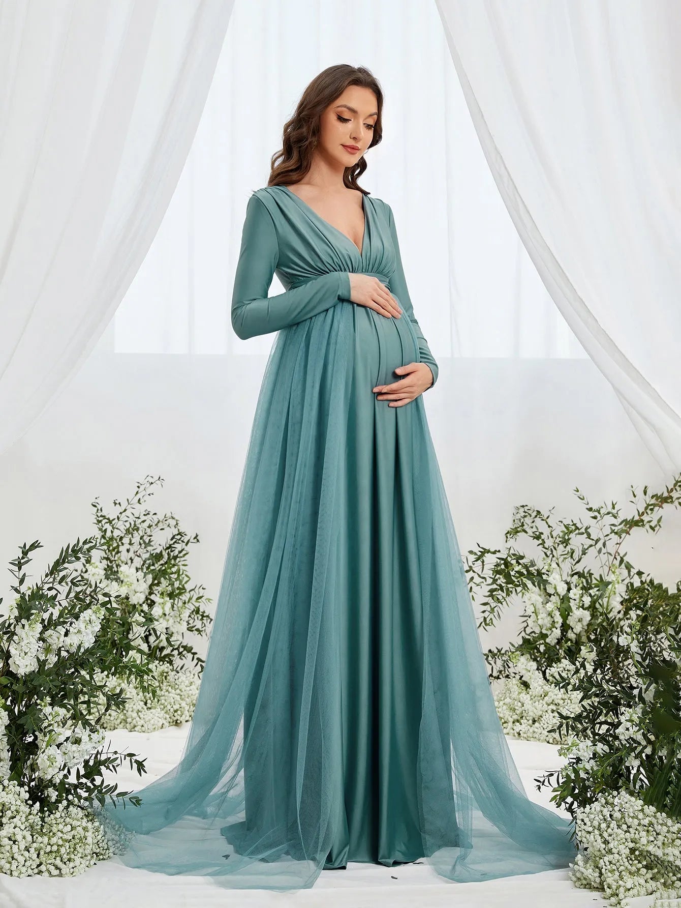 Maternity Plunging Neck Long Sleeve Contrast Mesh Formal Dress