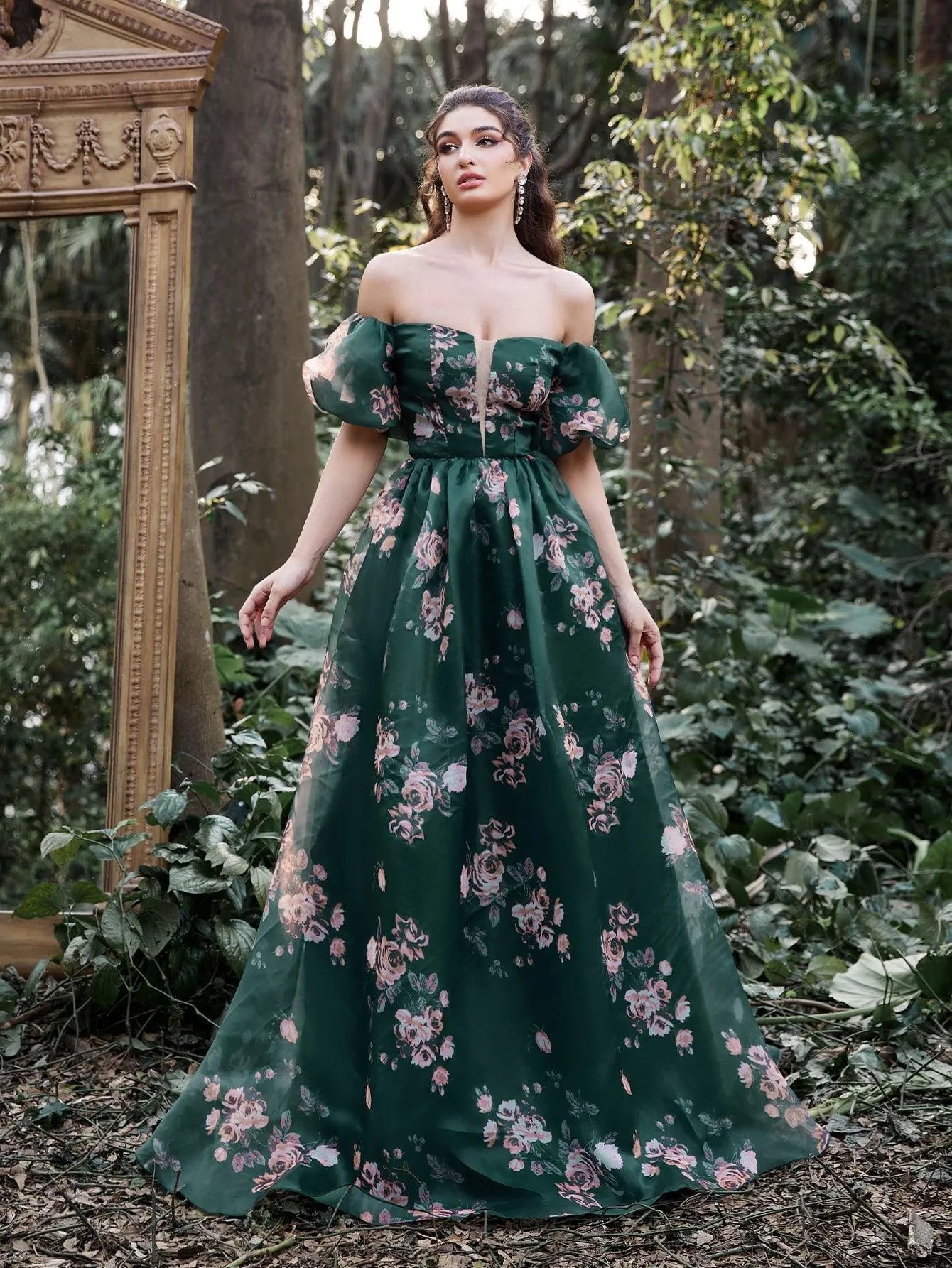 Gorgeous Off Shoulder Puff Sleeves Floral Organza Prom Dress