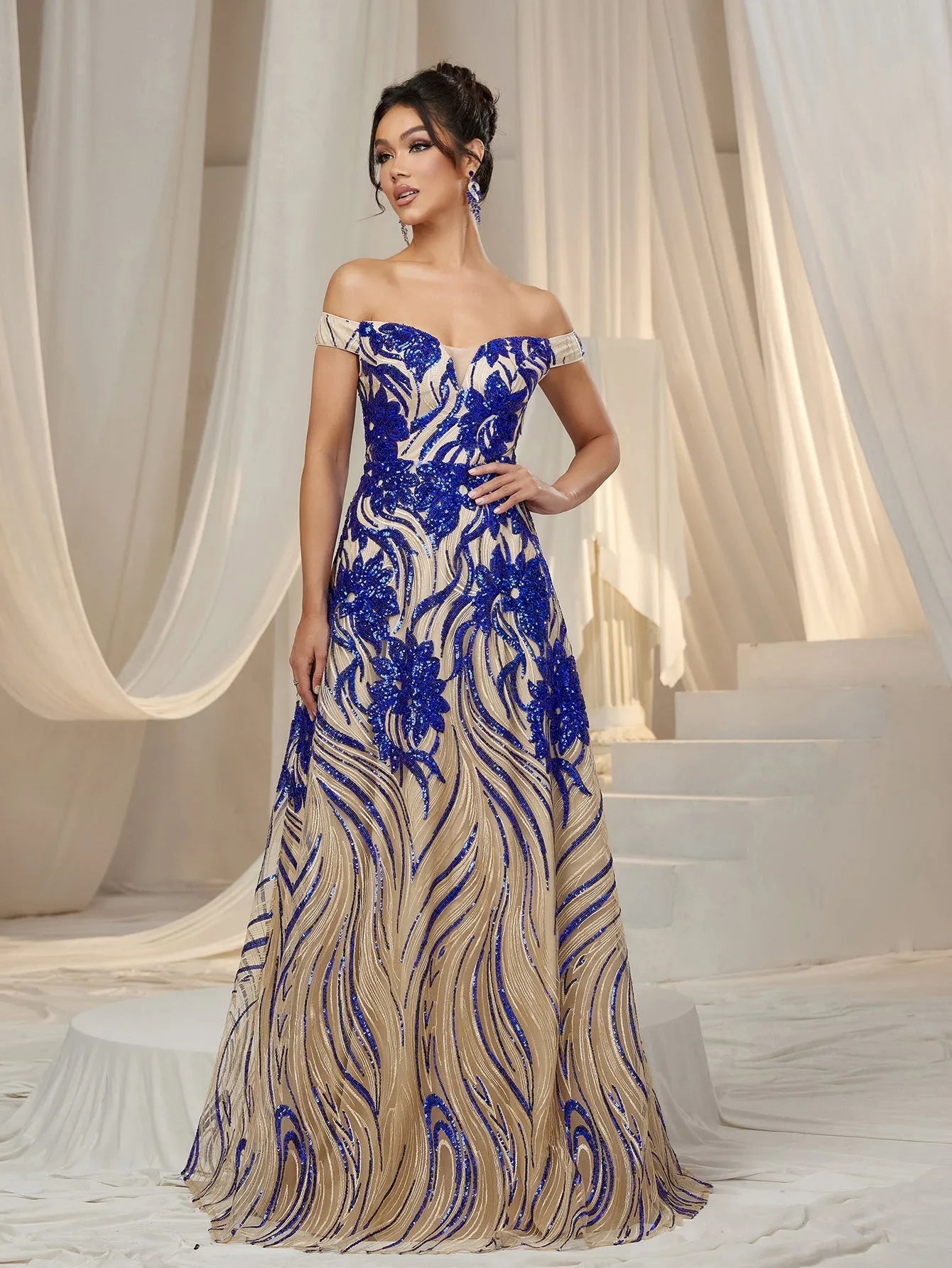 Elegant Off Shoulder Graphic Sequin Formal Prom Dress