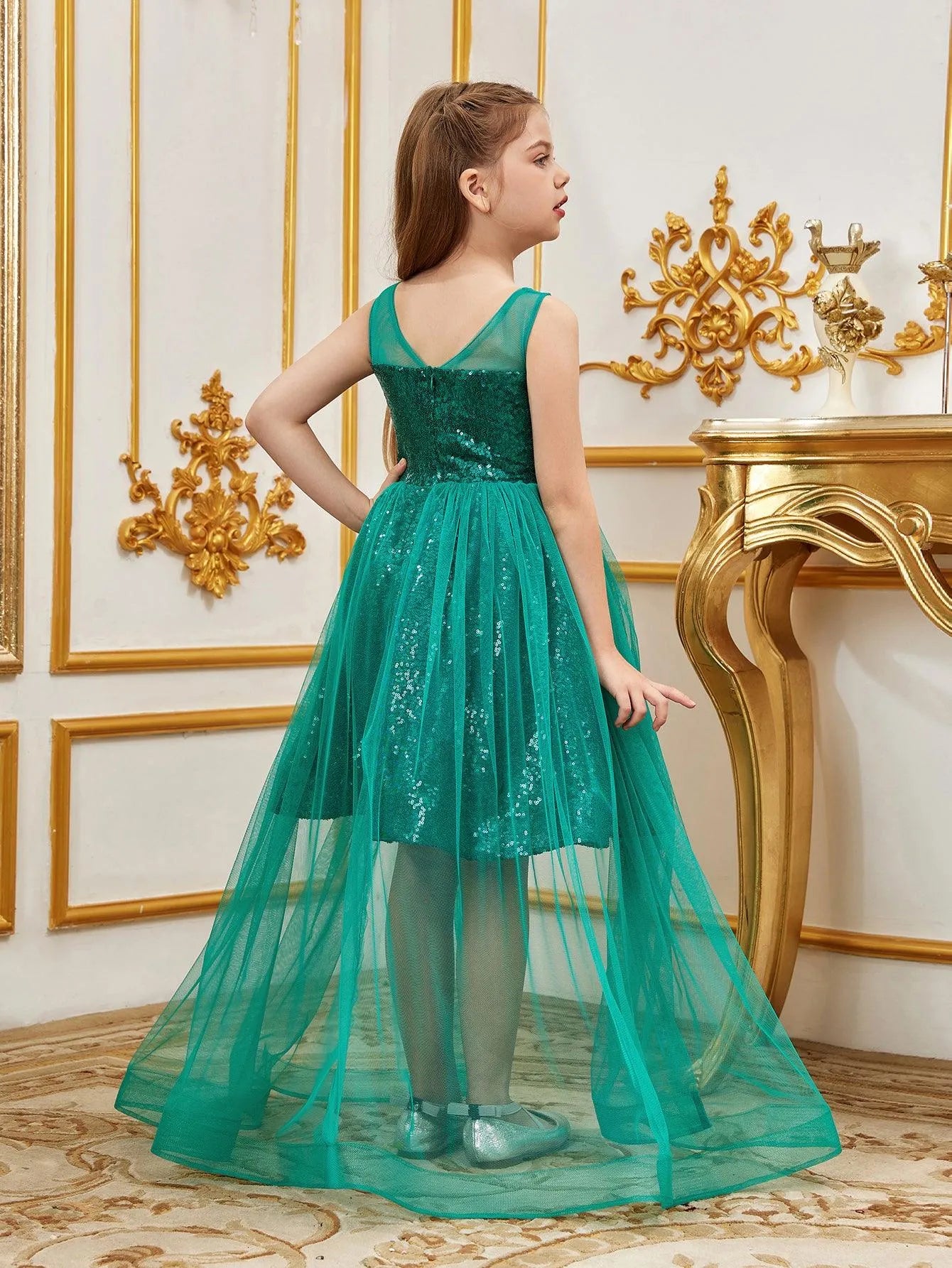 Tween Girls' Sleeveless Contrast Mesh Sequin Party Dress - Elonnashop